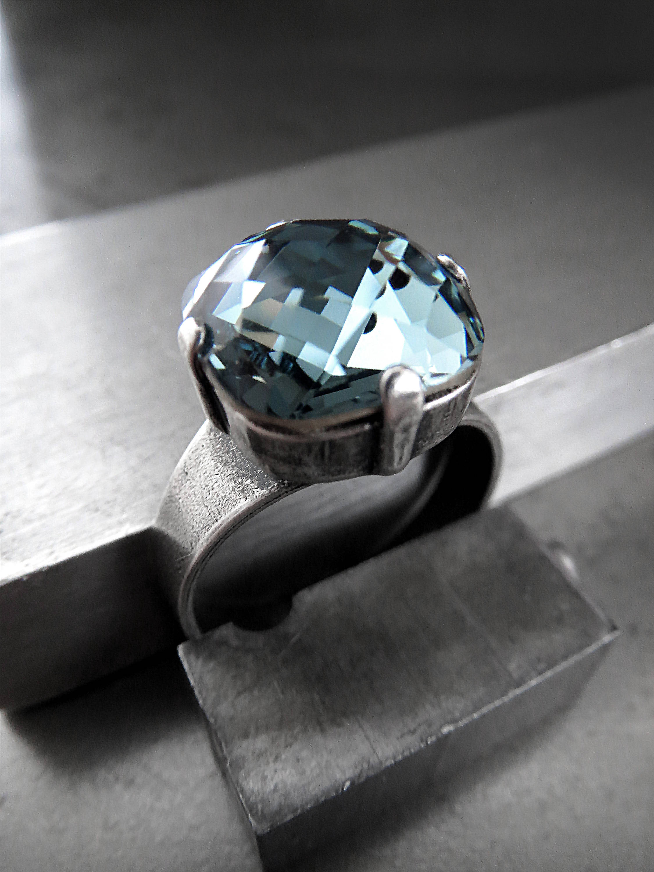 Slate Blue Swarovski Crystal Ring - Cushion Cut Square Crystal Ring