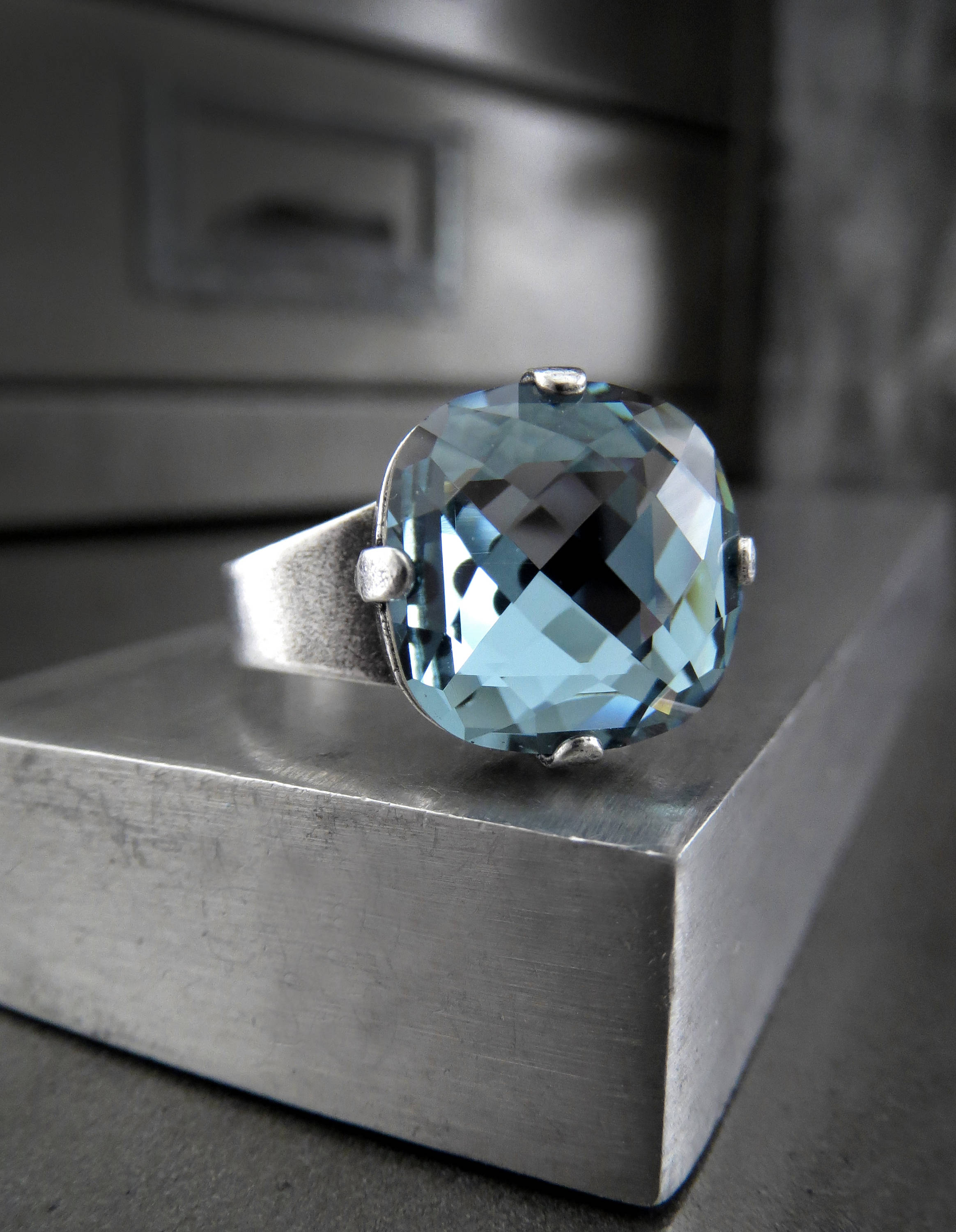 ATMOSPHERE Slate Blue Crystal Ring Two Sizes Available ShySiren