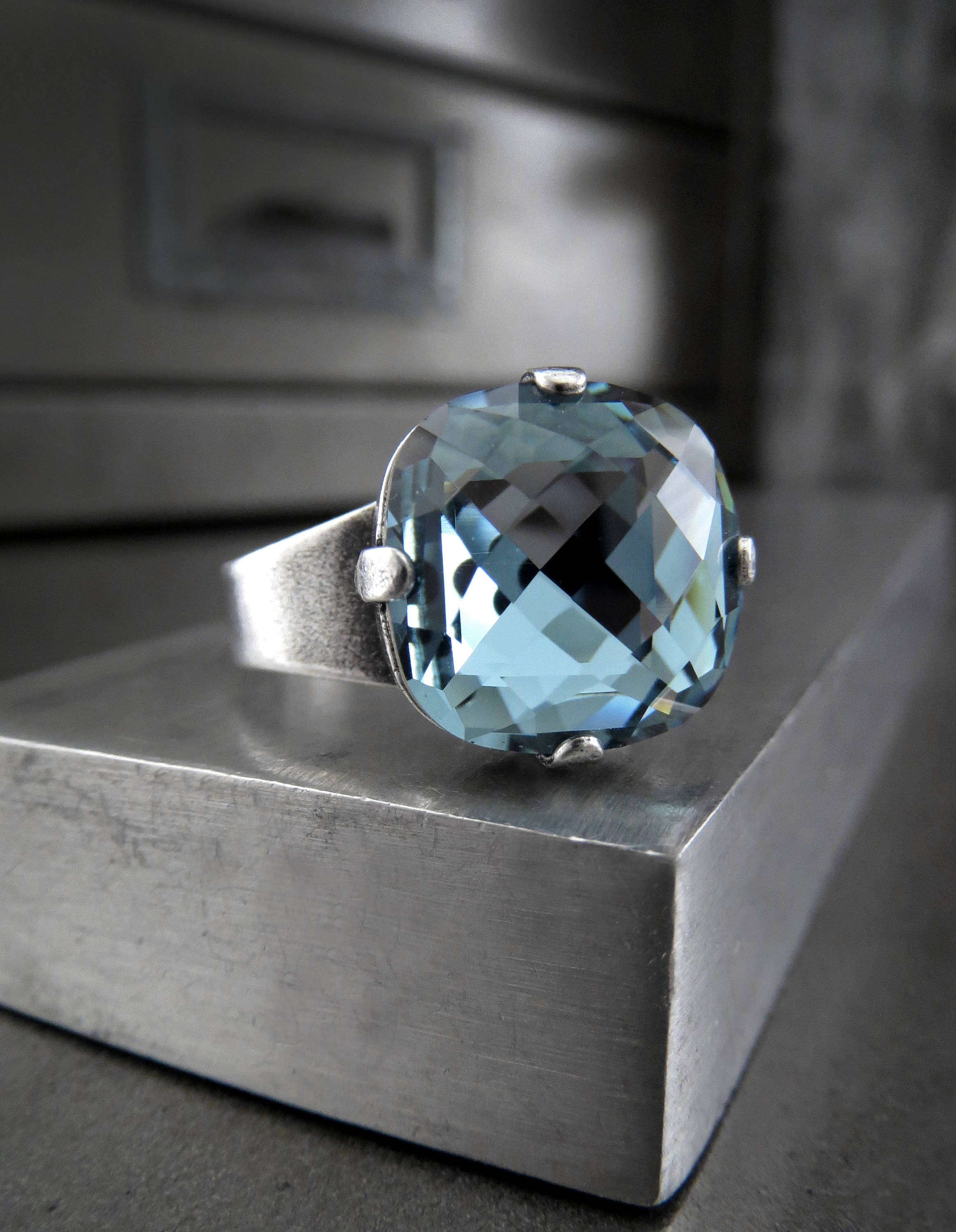 Slate Blue Swarovski Crystal Ring - Cushion Cut Square Crystal Ring