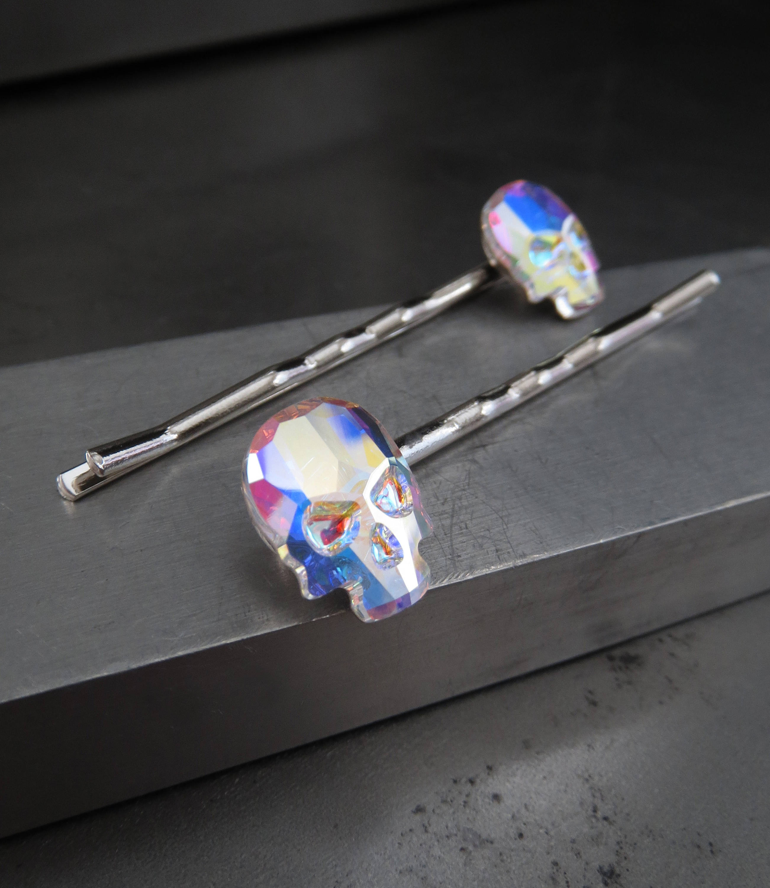 Iridescent Crystal Skull Hair Bobby Pins in Crystal AB - Set of 2