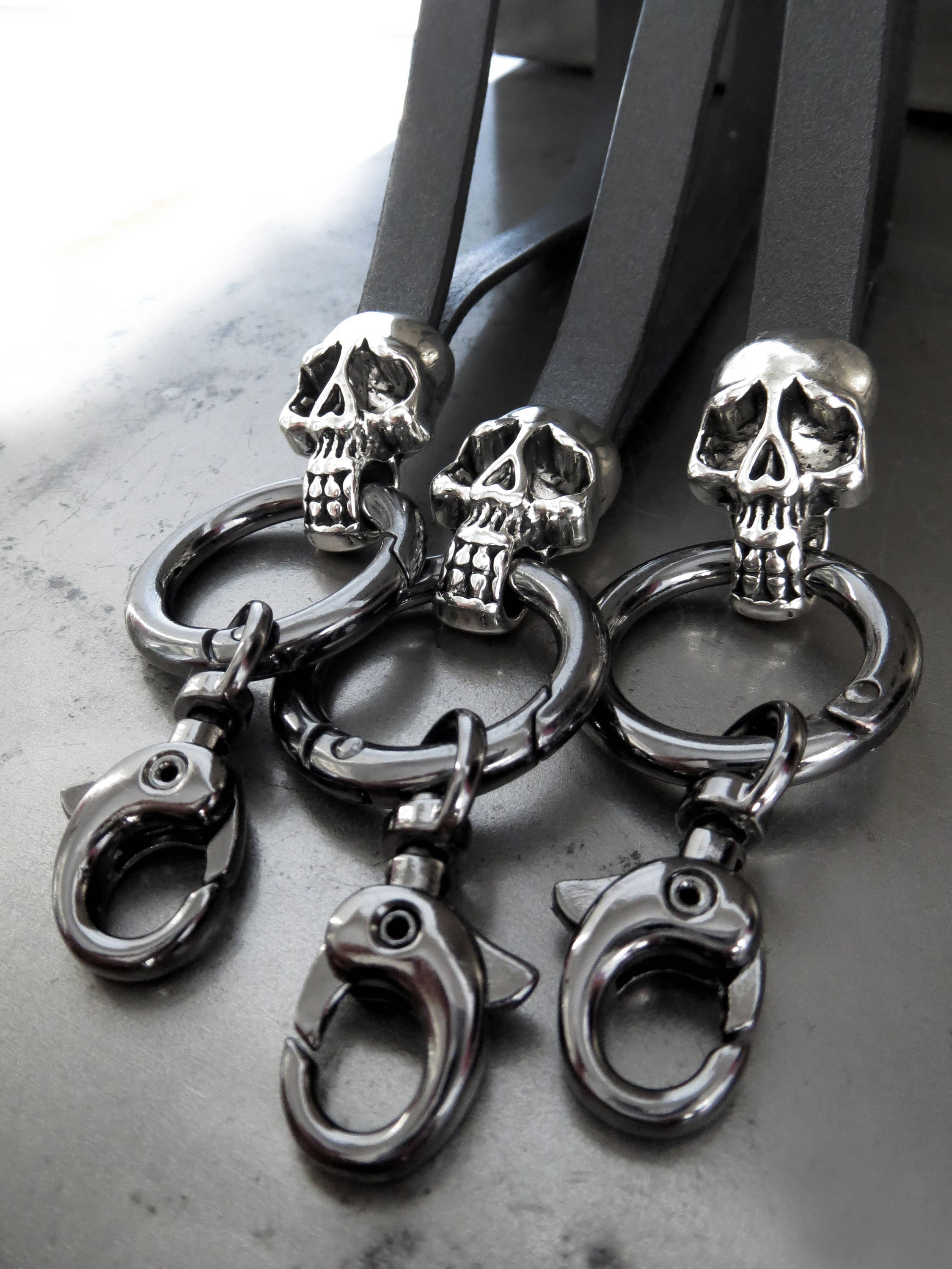 Silver Skull Keyring with Gunmetal Black Leather Wrist Strap