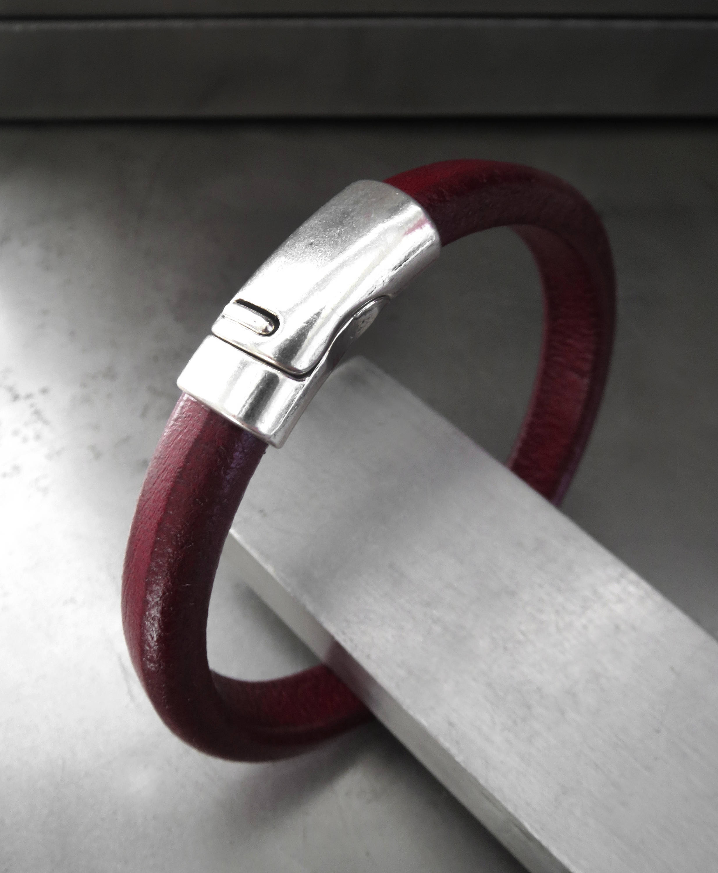 Oxblood Red Leather Bracelet with Silver Magnetic Clasp - Unisex
