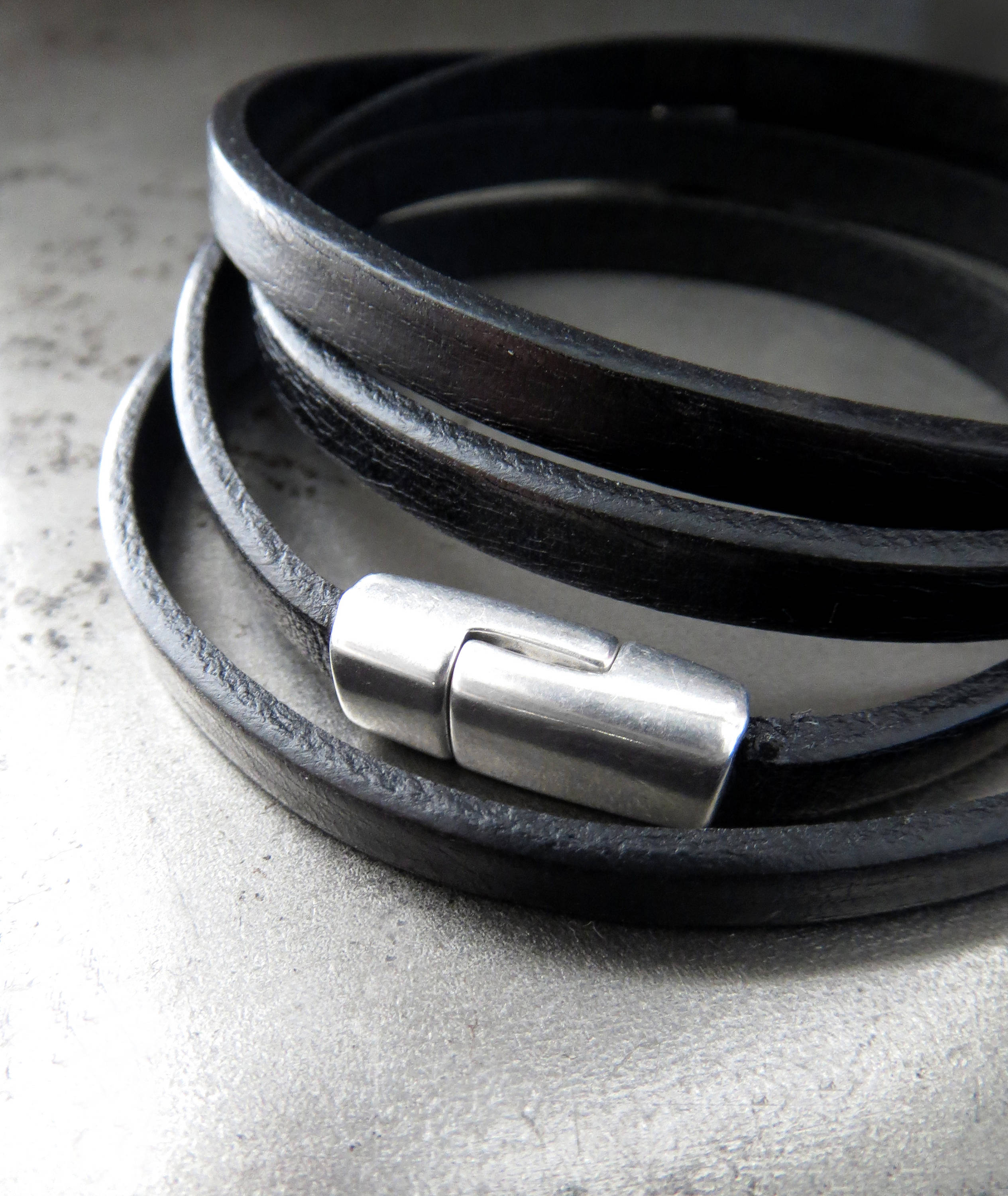 Thin Black Leather Wrap Bracelet with Silver Oval