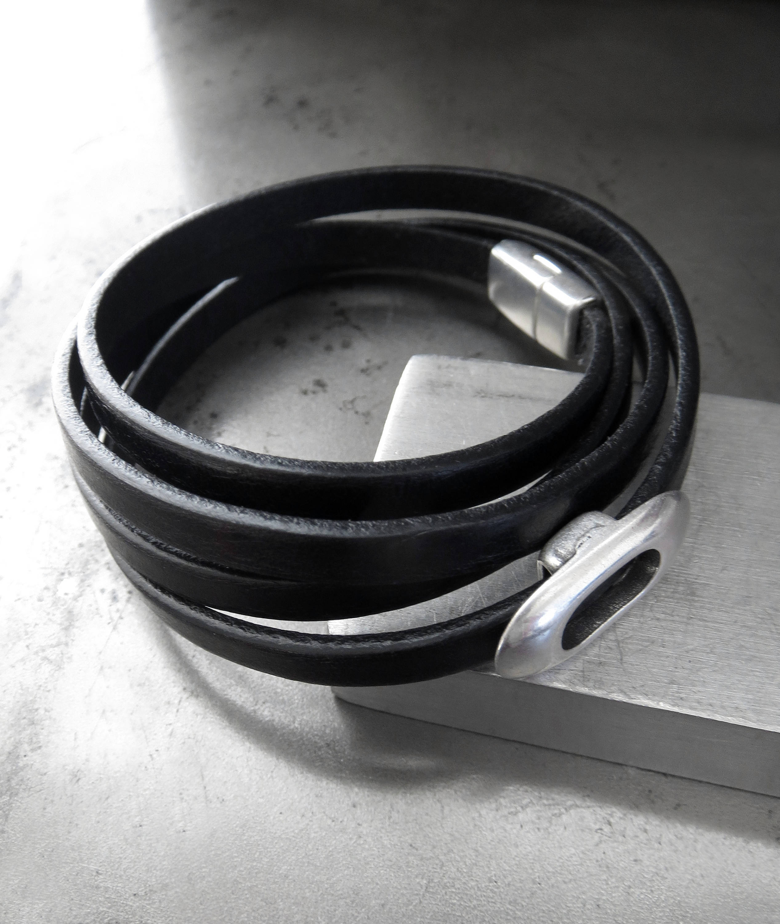 Thin Black Leather Wrap Bracelet with Silver Oval