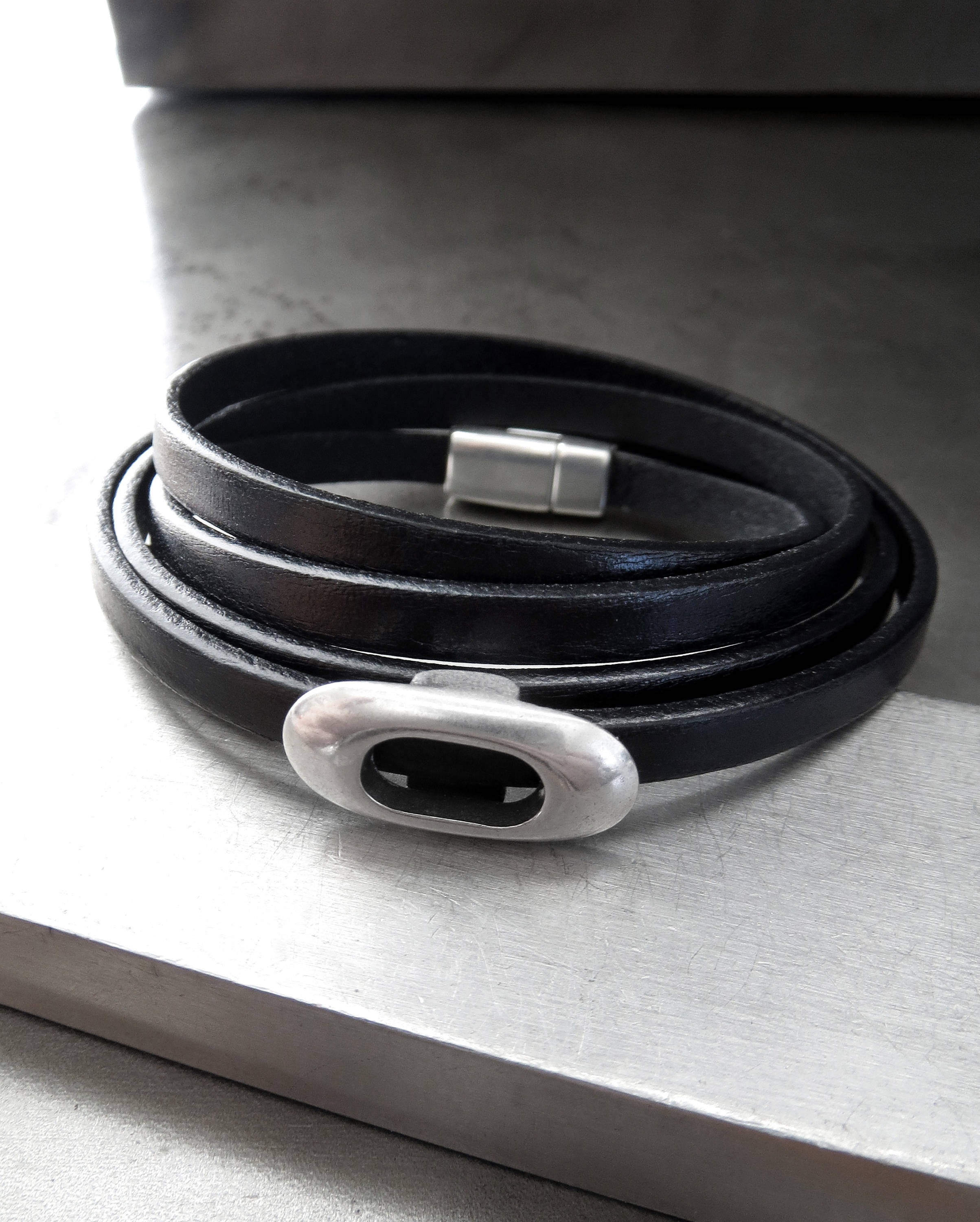 Thin Black Leather Wrap Bracelet with Silver Oval
