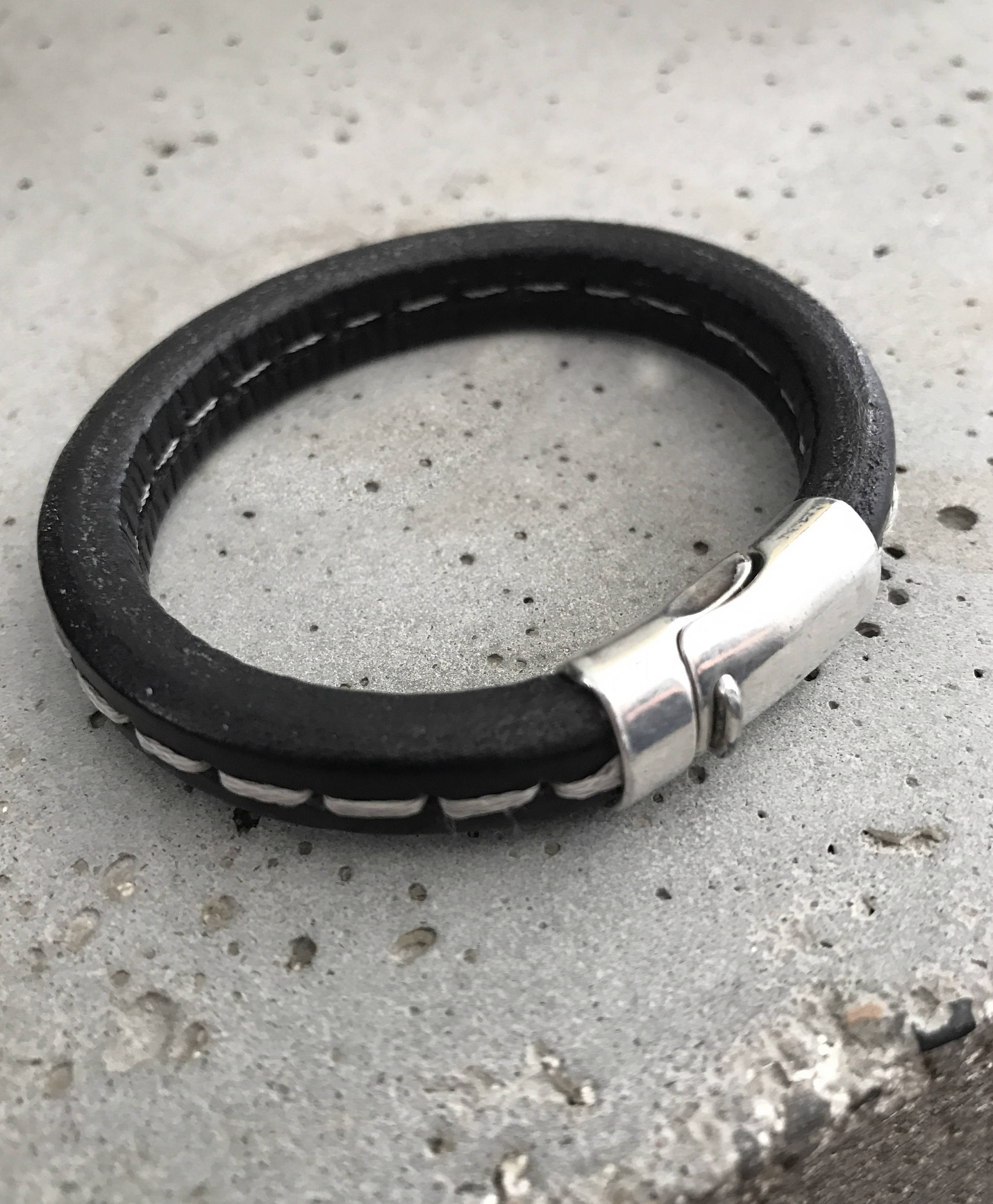 Black Leather Bracelet with White Stitching - Unisex