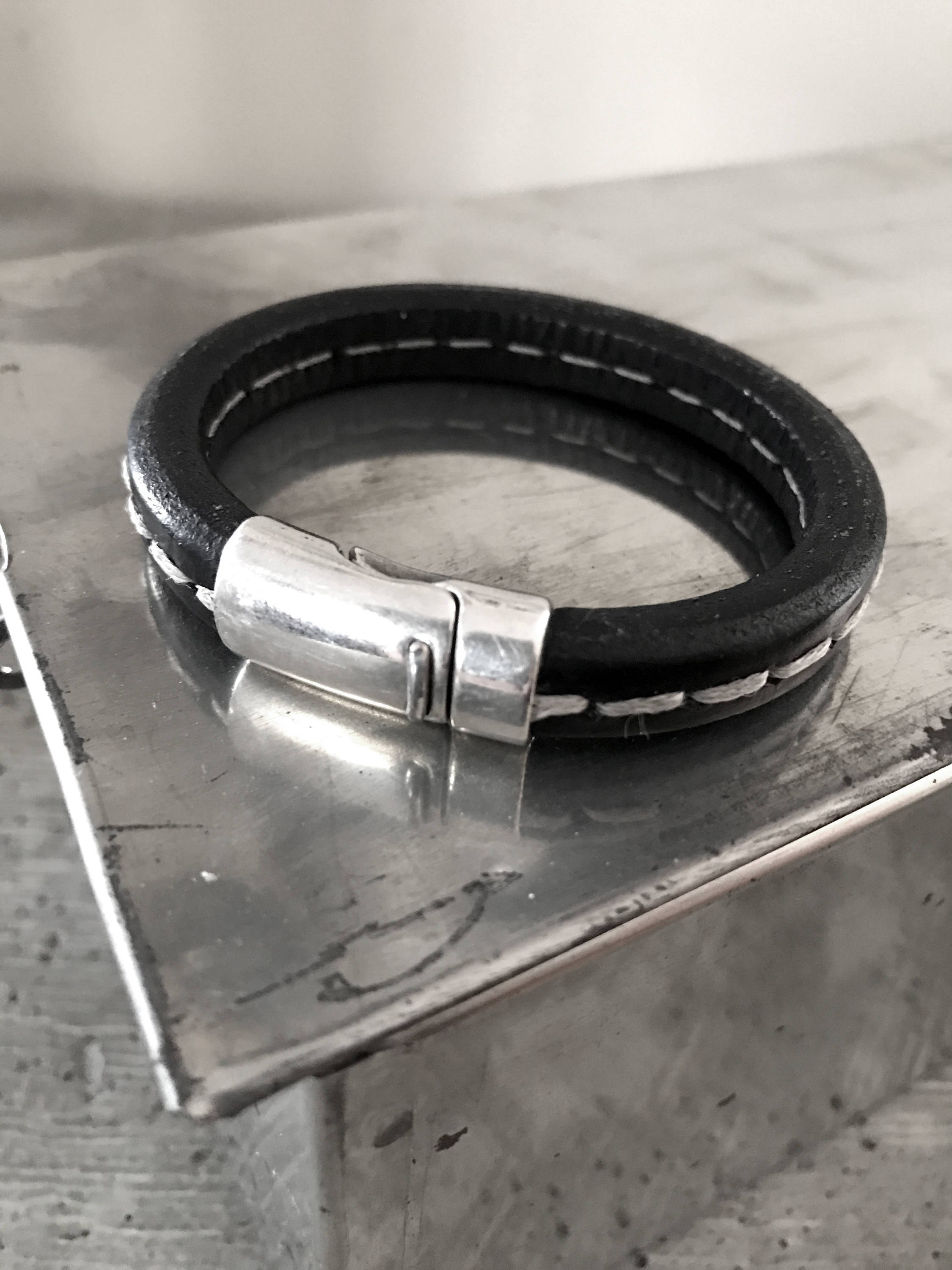 Black Leather Bracelet with White Stitching - Unisex