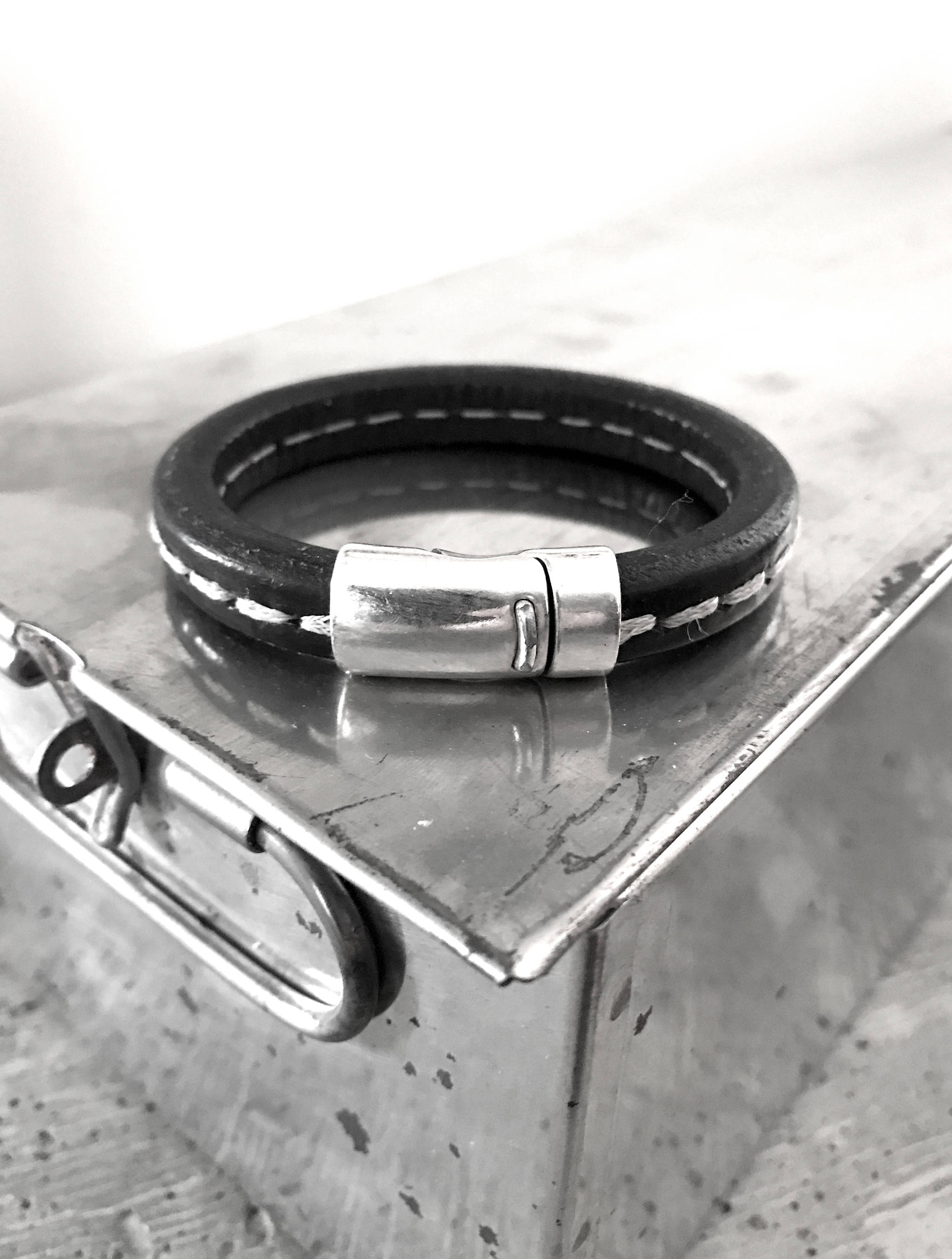 Black Leather Bracelet with White Stitching - Unisex