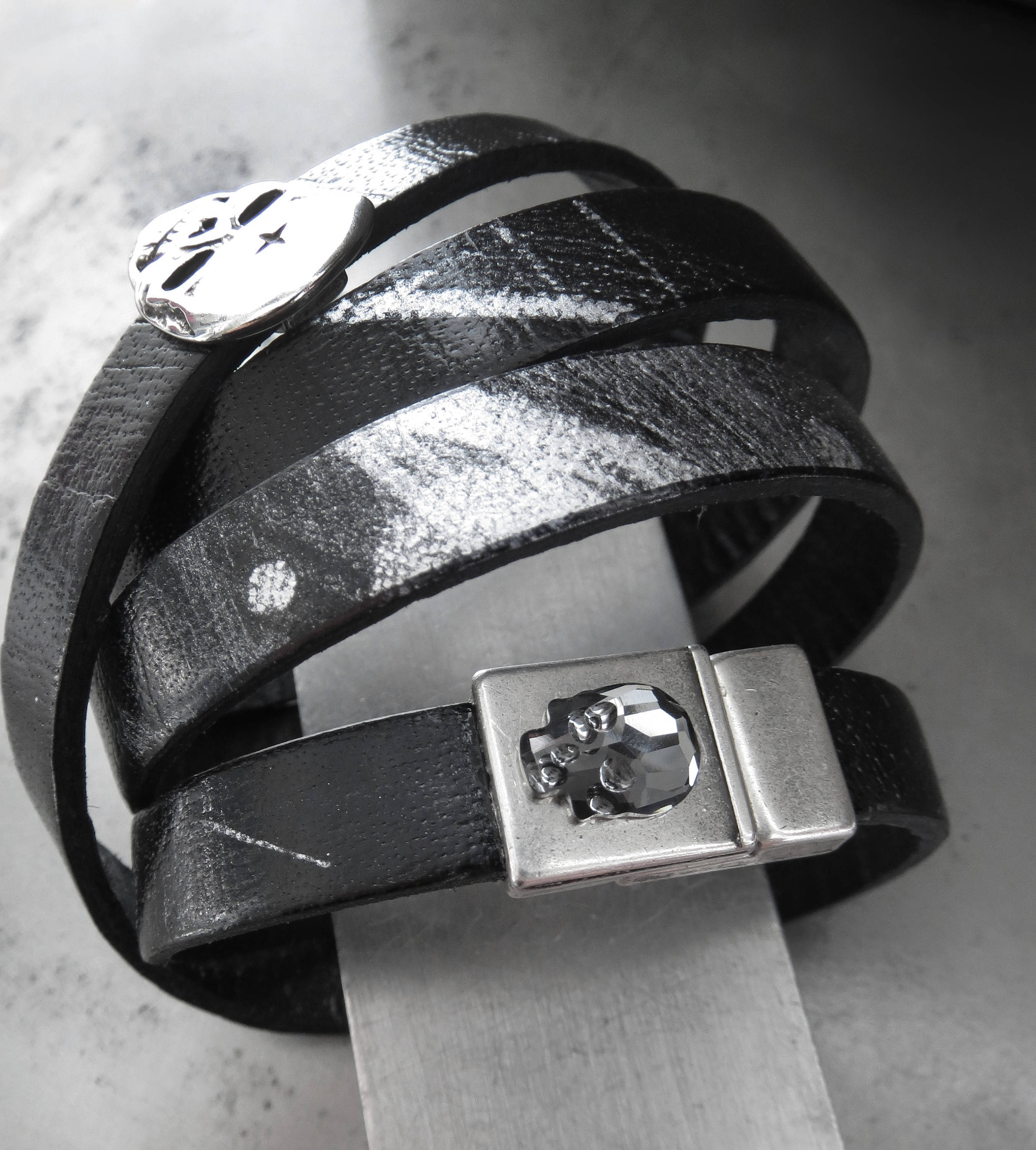 SKULLS & GRAFFITI - Black Leather Wrap Bracelet