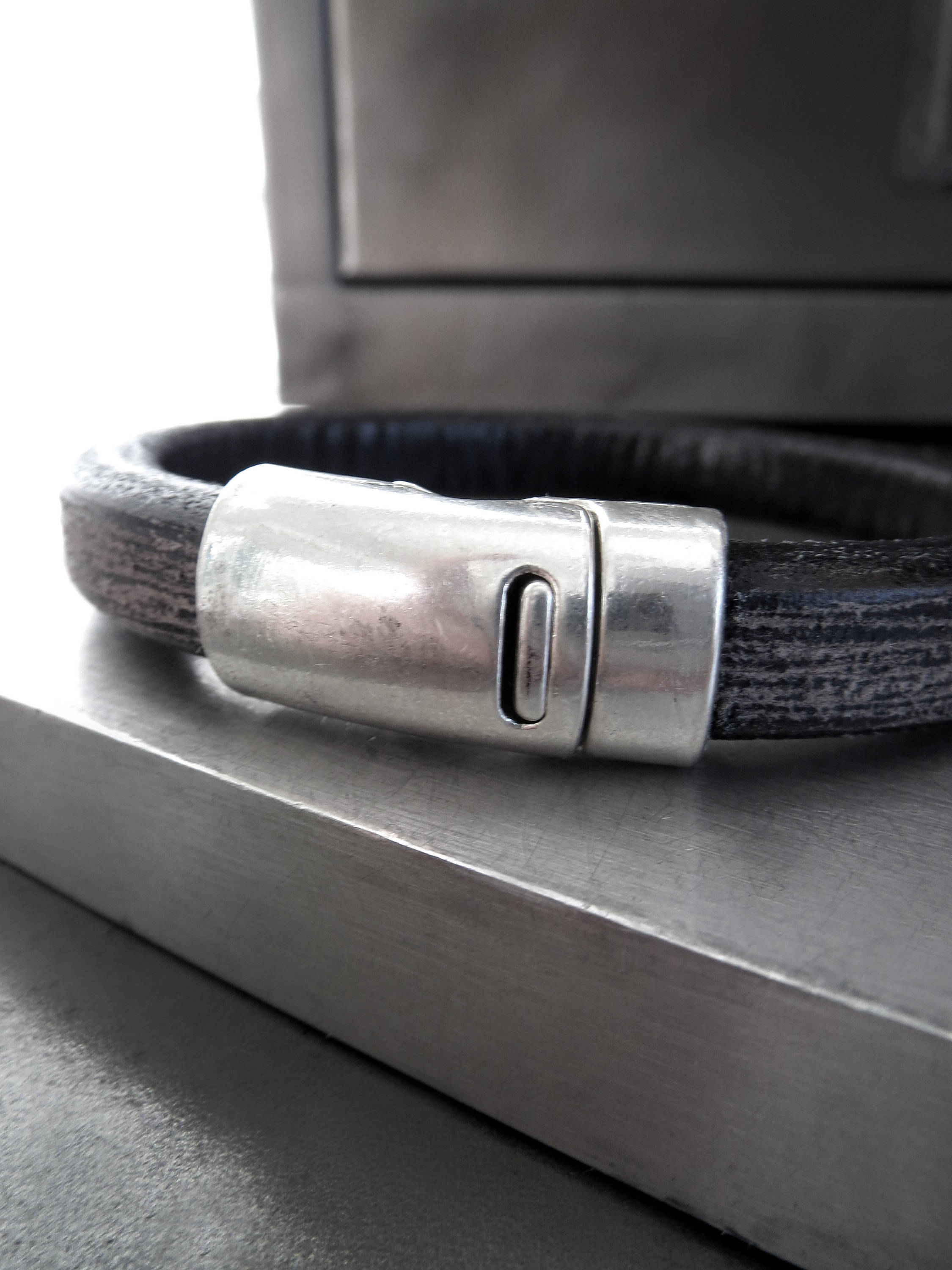 Distressed Charcoal Black Leather Bracelet