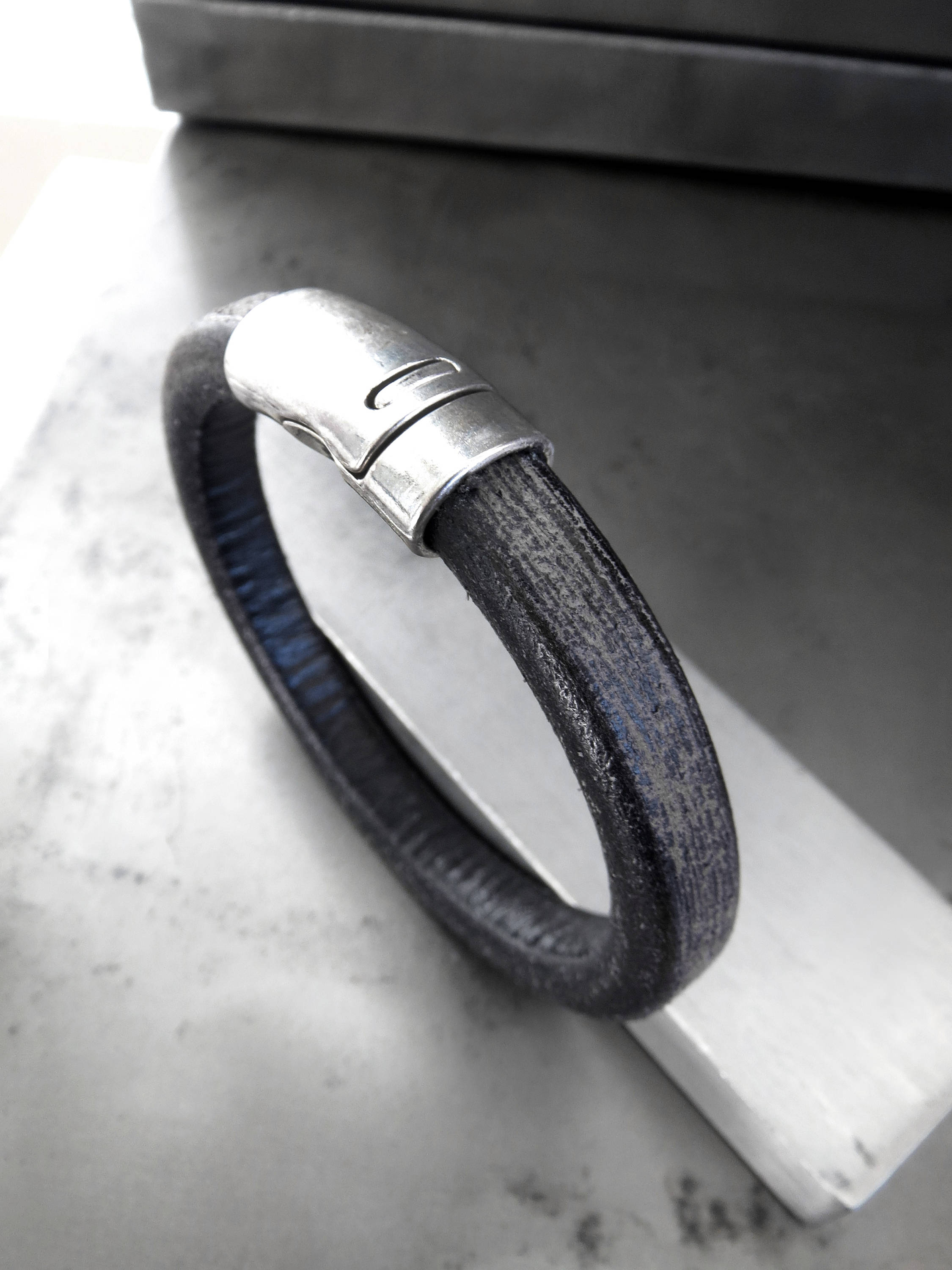 Distressed Charcoal Black Leather Bracelet