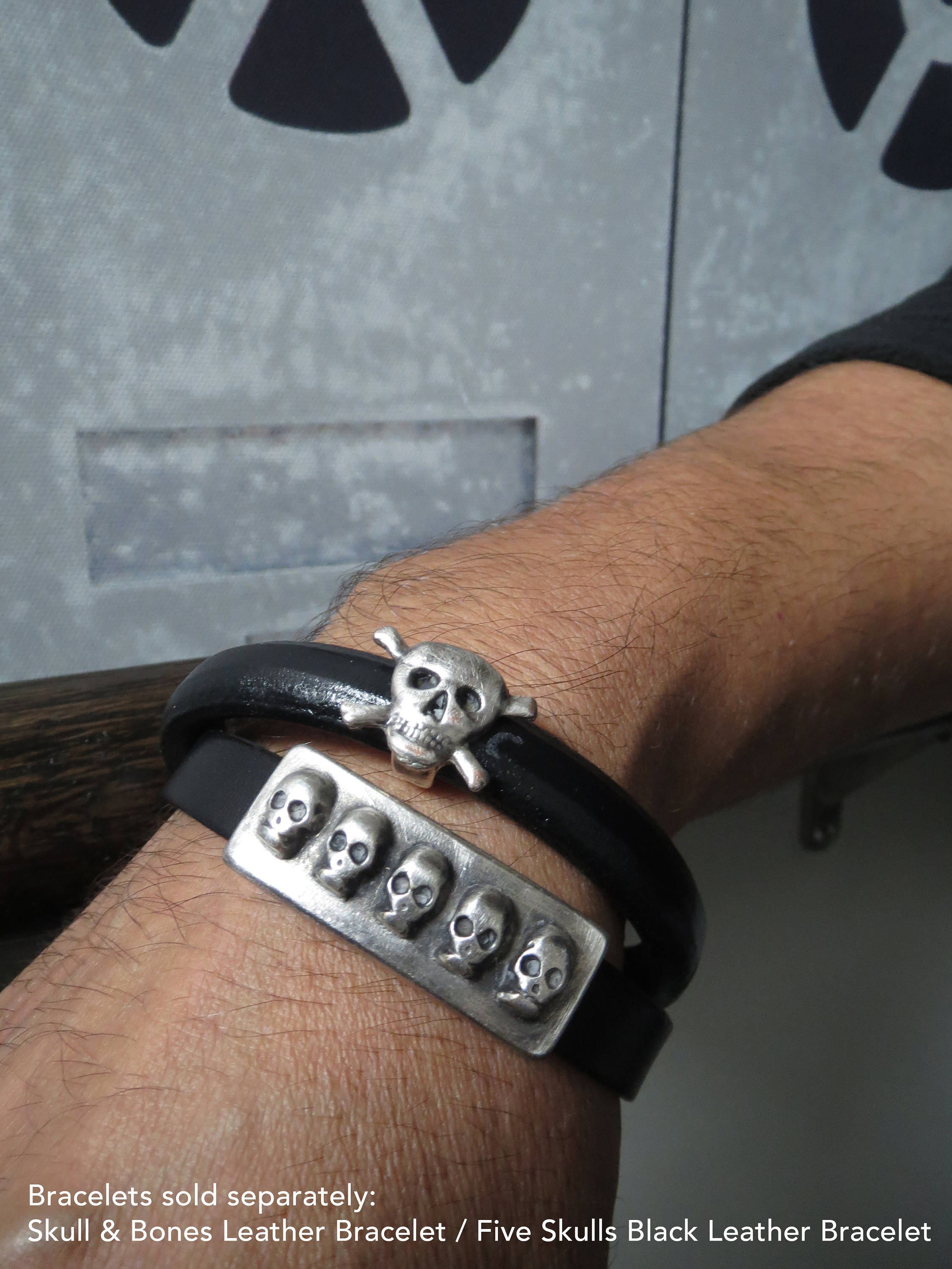 Black Leather Bracelet with Silver Skull and Cross Bones