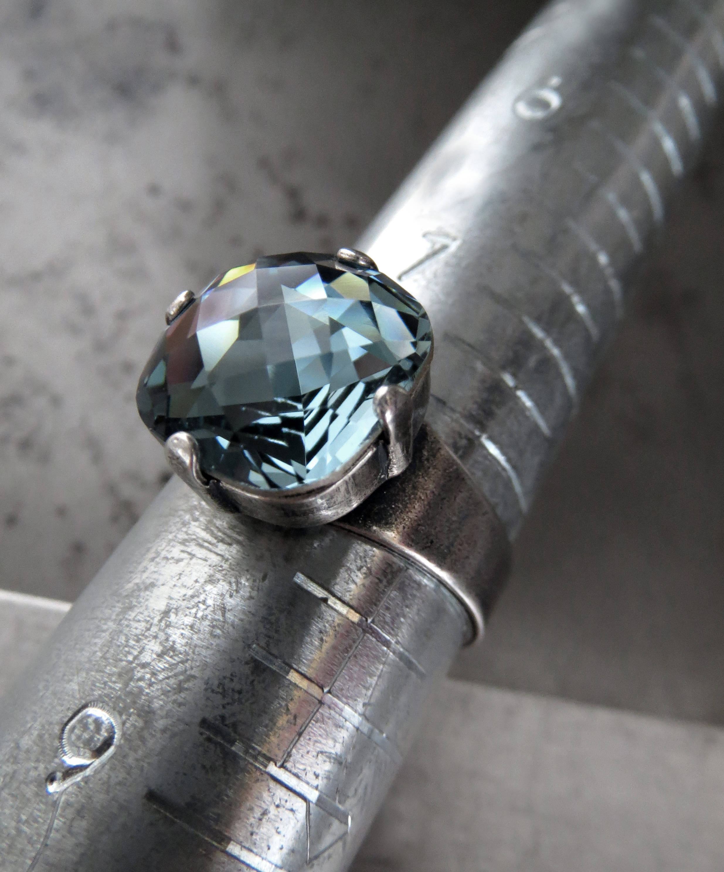 Slate Blue Swarovski Crystal Ring - Cushion Cut Square Crystal Ring