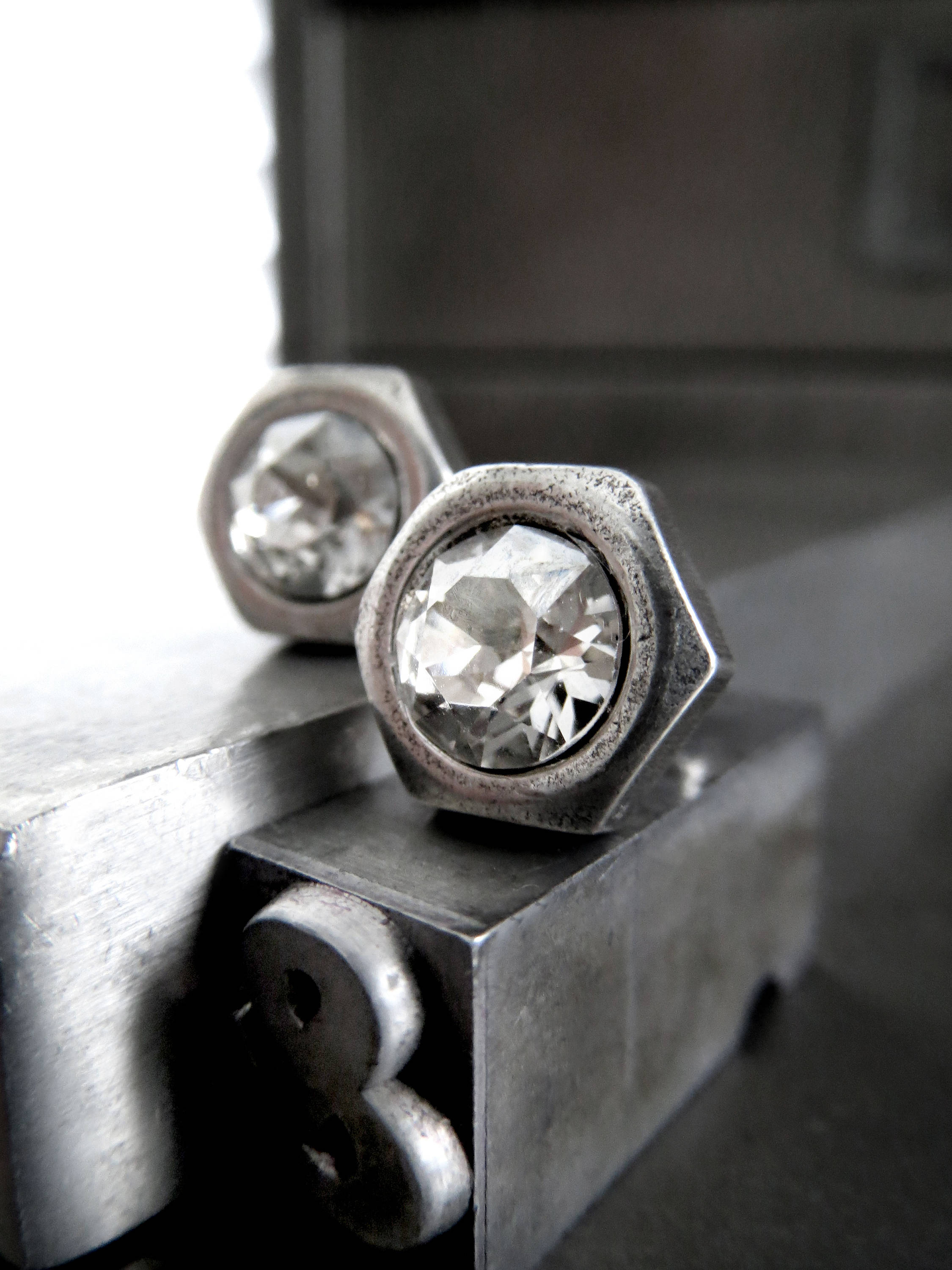 Hex Nut Silver Stud Earrings with Crystal