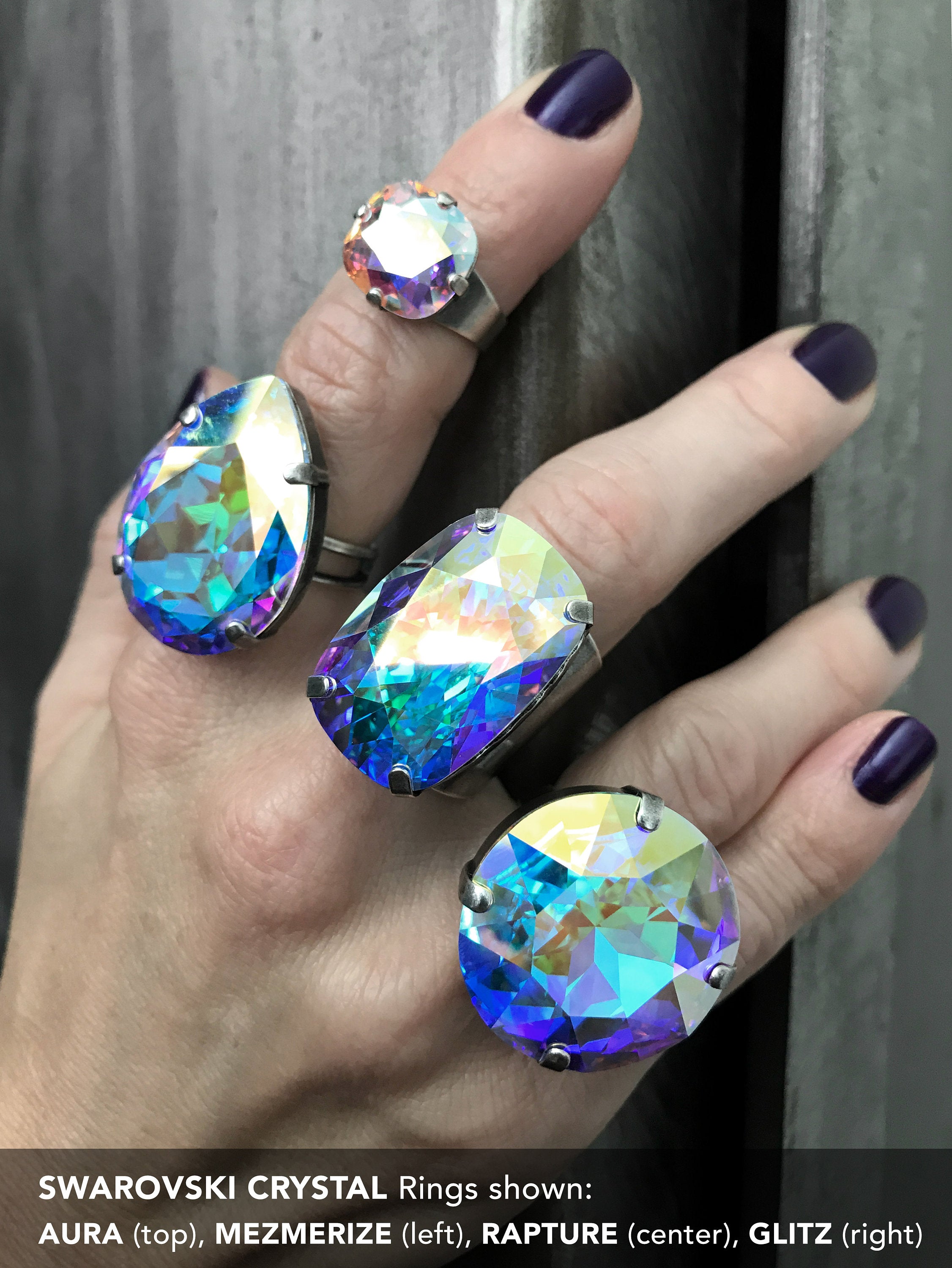 ENCORE: Huge Round Aqua Swarovski Crystal Cocktail Ring, Shimmer Sparkle Iridescent Pastel Large Crystal Adjustable Ring, Drag Queen Jewelry