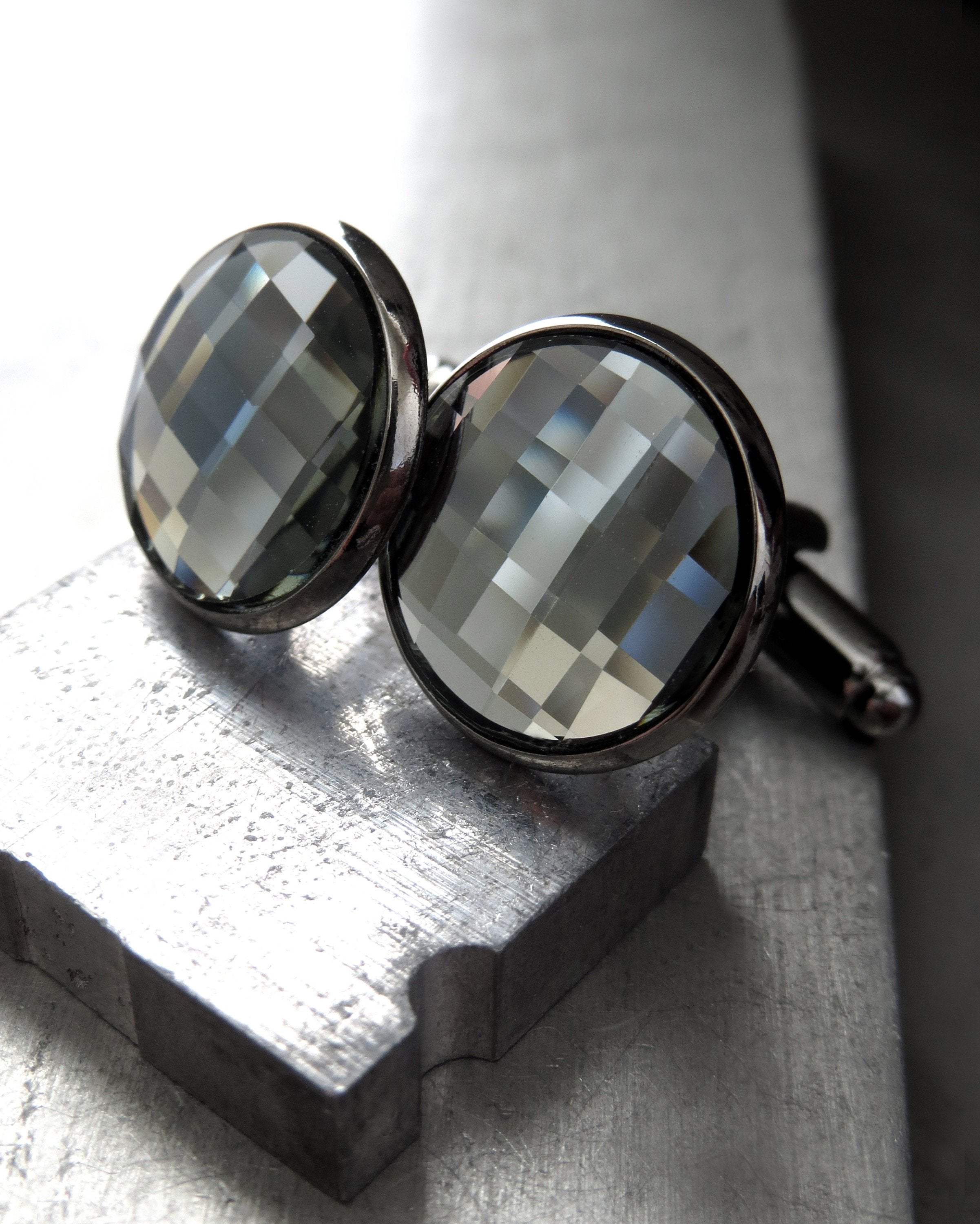 Grey Mirror Cuff Links with Black Diamond Swarovski Crystal - Wedding Cufflinks, Gift for Groom, Groomsmen, Husband, Boyfriend, Fathers Day