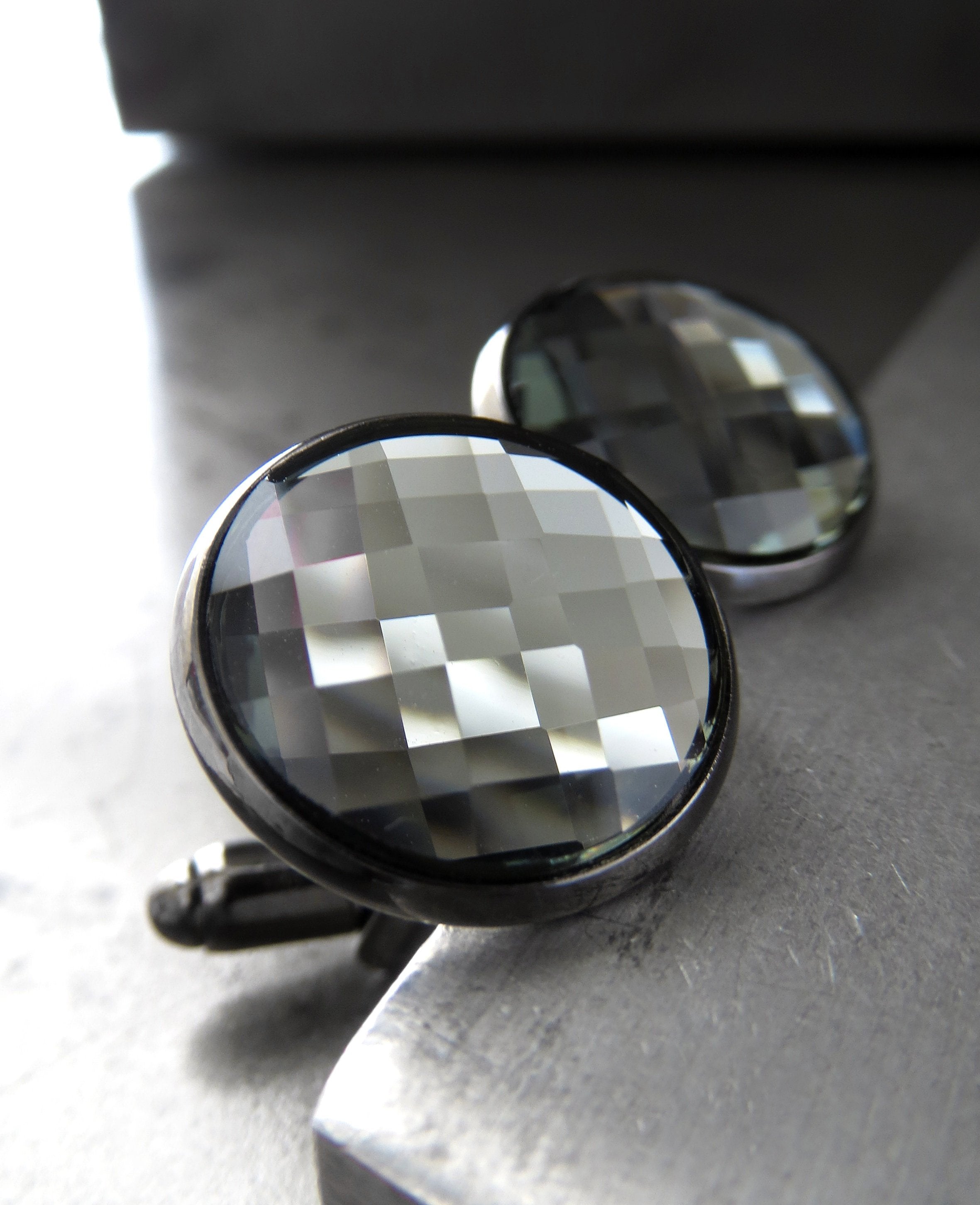 Grey Mirror Cuff Links with Black Diamond Swarovski Crystal - Wedding Cufflinks, Gift for Groom, Groomsmen, Husband, Boyfriend, Fathers Day