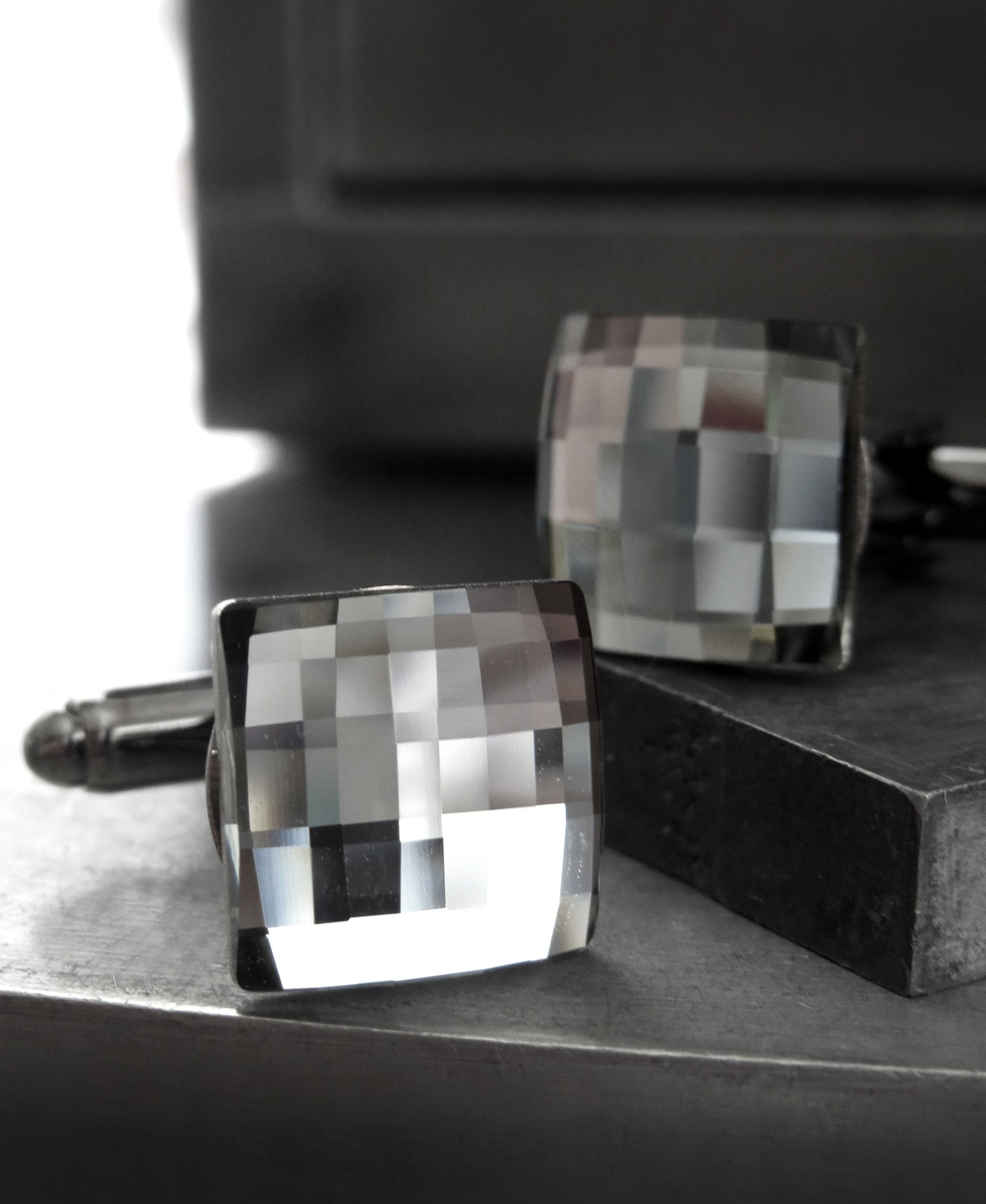 Grey Mirror Cuff Links with Black Diamond Swarovski Crystal - Square Wedding Cufflinks for Groom, Groomsmen, Husband, Boyfriend, Fathers Day