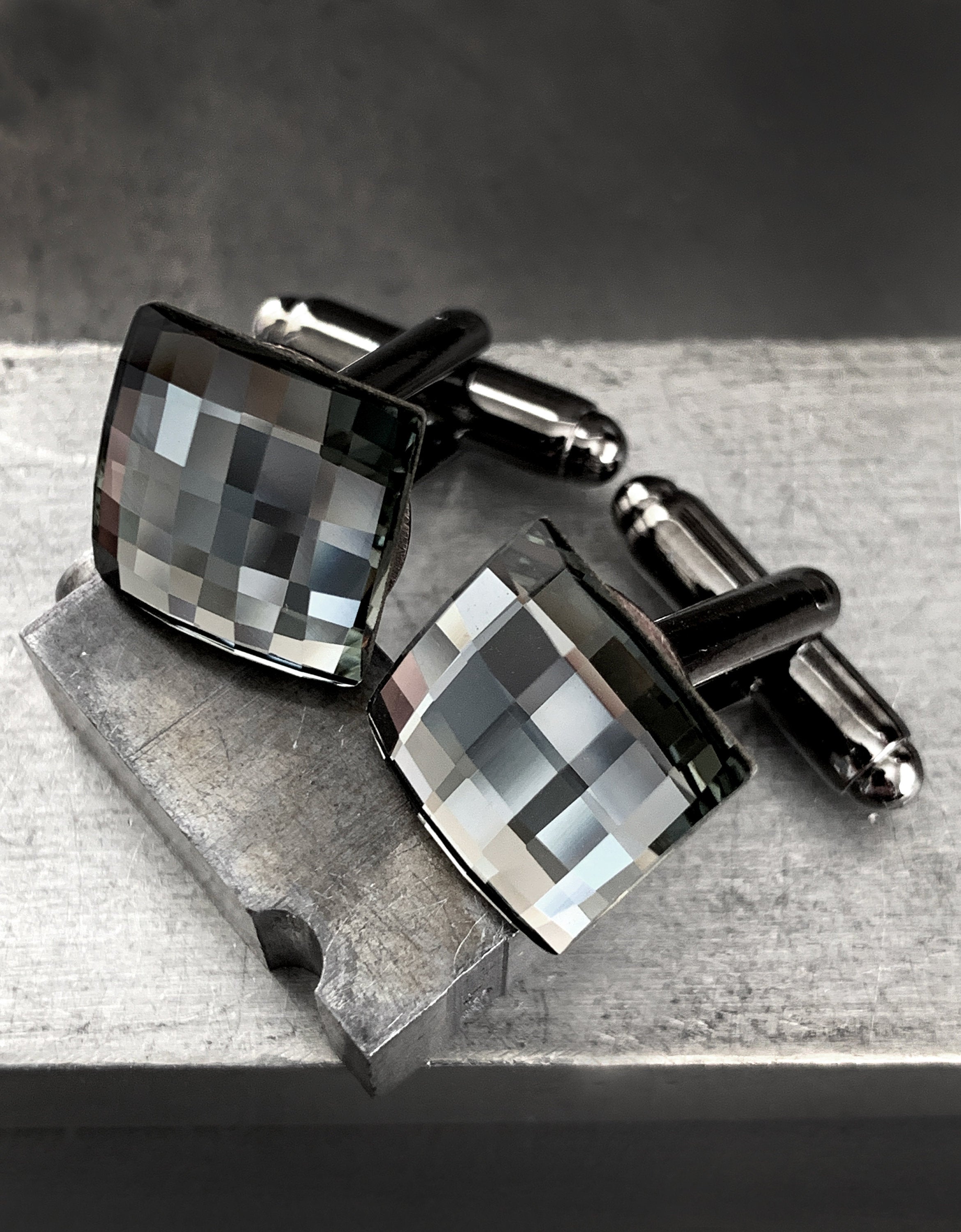 Grey Mirror Cuff Links with Black Diamond Swarovski Crystal - Square Wedding Cufflinks for Groom, Groomsmen, Husband, Boyfriend, Fathers Day