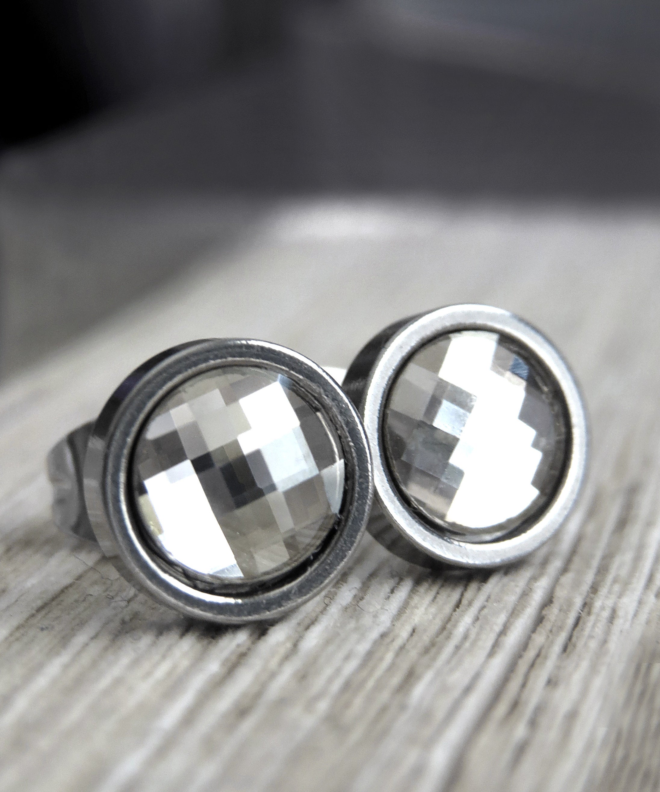 MOSAIC - Mirror Crystal Studs, Small Unisex Post Earrings with Silver Clear Swarovski Crystal - Modern Minimal Womens Mens Silver Jewelry