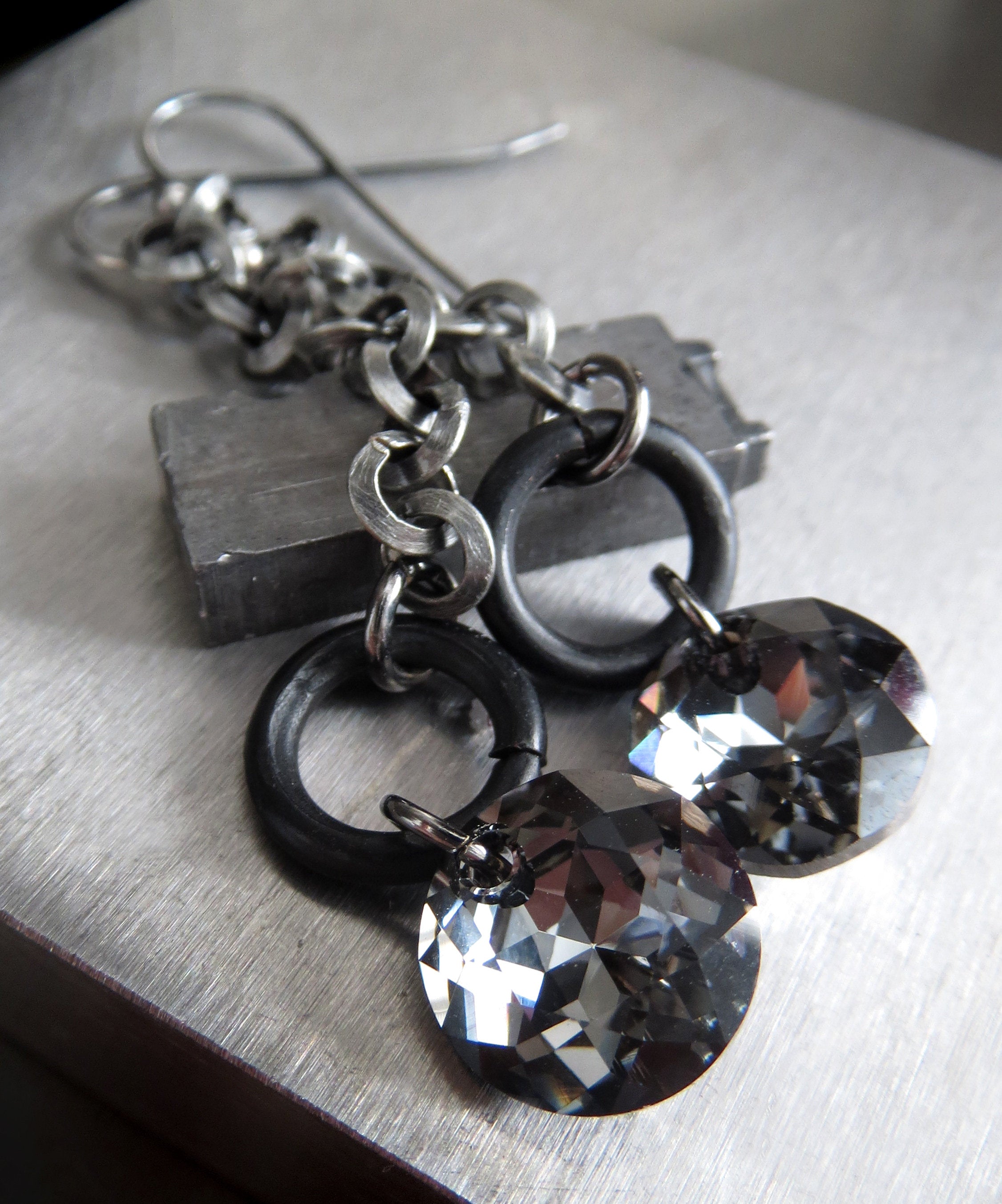 VOID - Long Antiqued Silver Circle Chain Earrings with Round Grey Gray Black Swarovski Crystal - Modern Geometric Industrial Style Jewelry