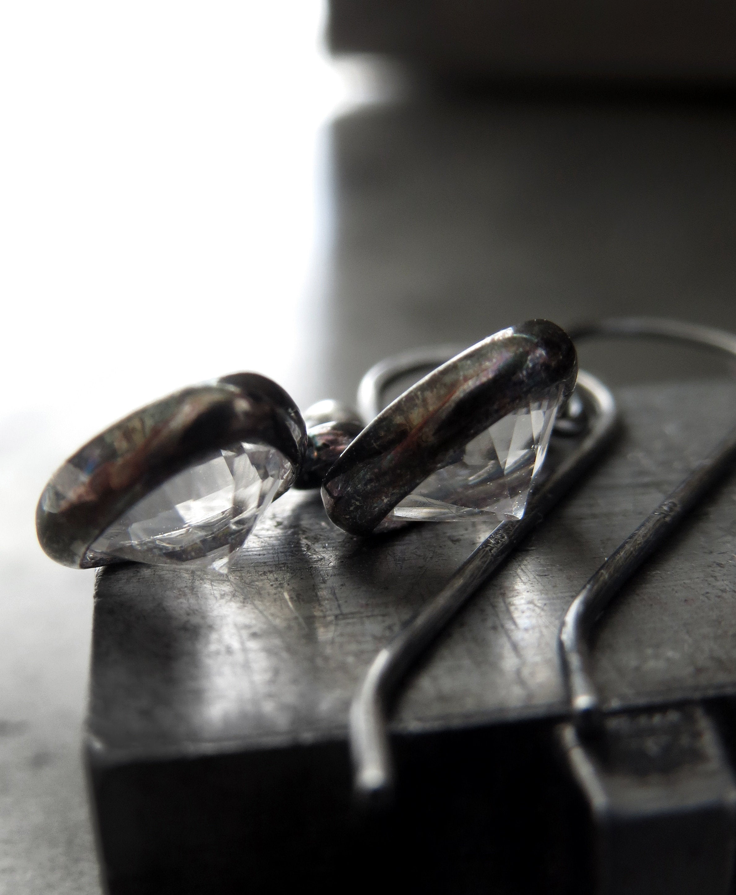 DEMURE - Tiny Clear Glass Faceted Teardrop Earrings with Darkened Silver Bezel Wrap, Small Minimalist Jewelry, Vintage Style Wedding Jewelry