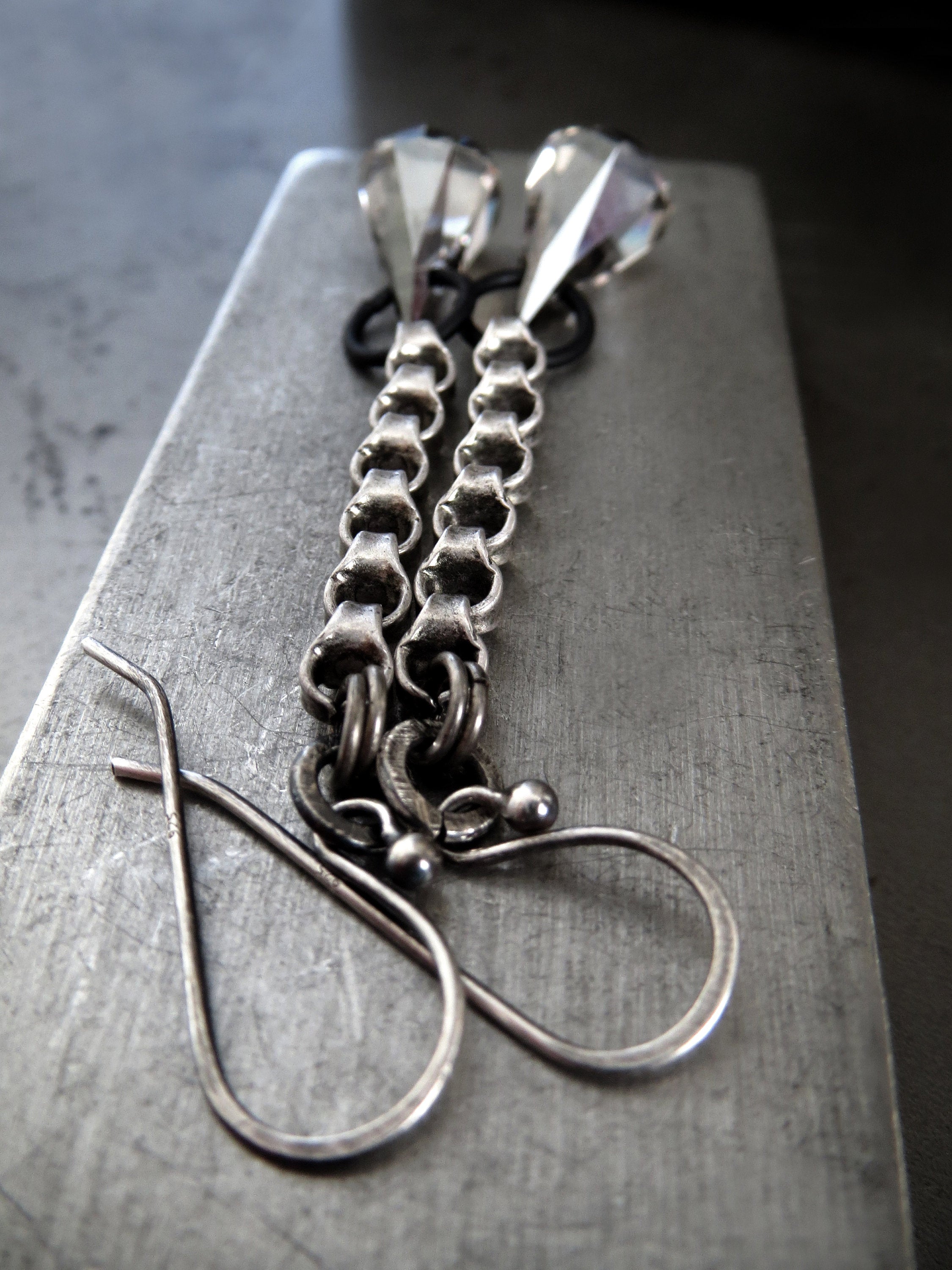 EXACT - Long Chain Earrings with Sheer Grey Swarovski Crystals - Architectural Geometric Modern Jewelry