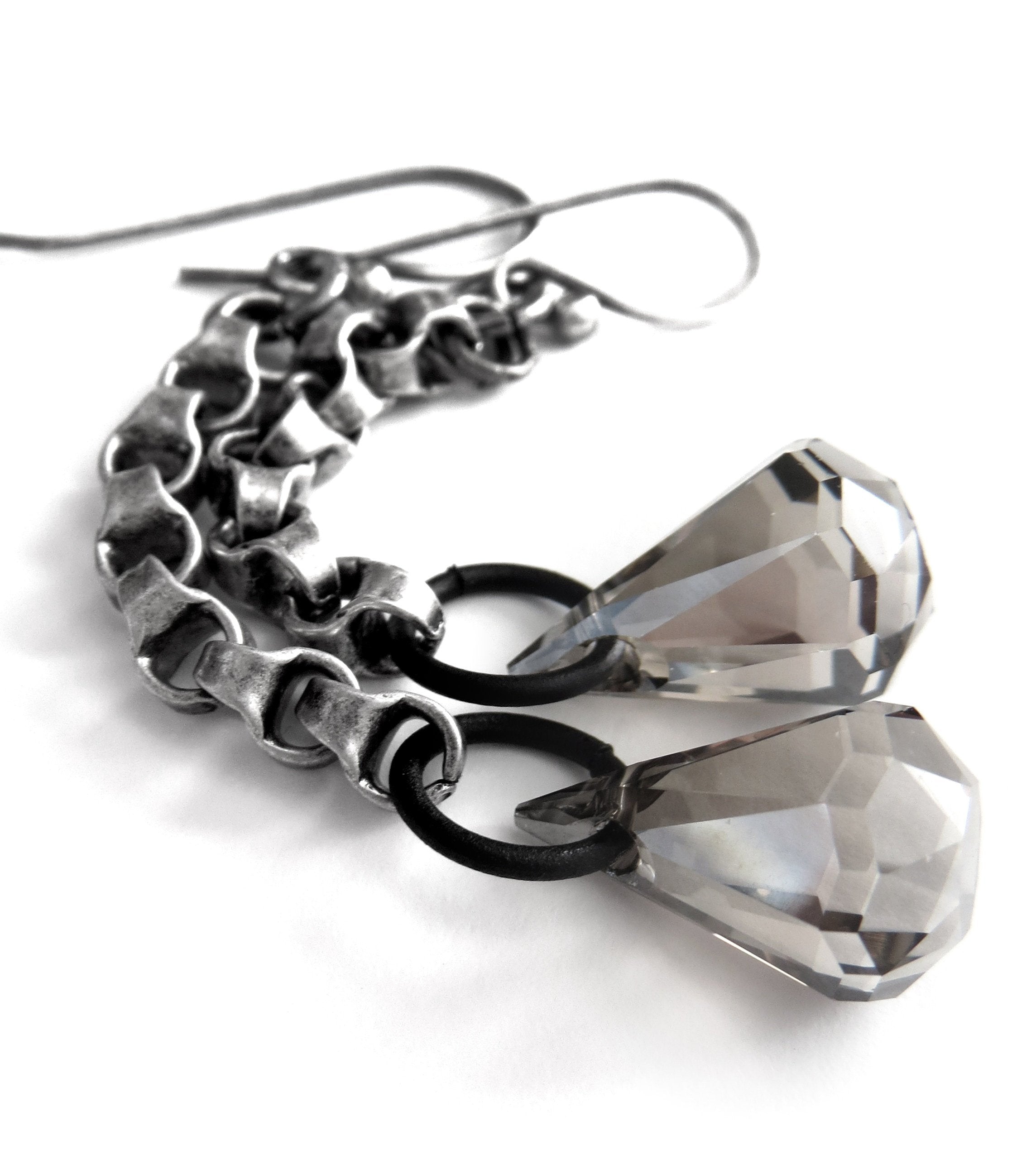 EXACT - Long Chain Earrings with Sheer Grey Swarovski Crystals - Architectural Geometric Modern Jewelry