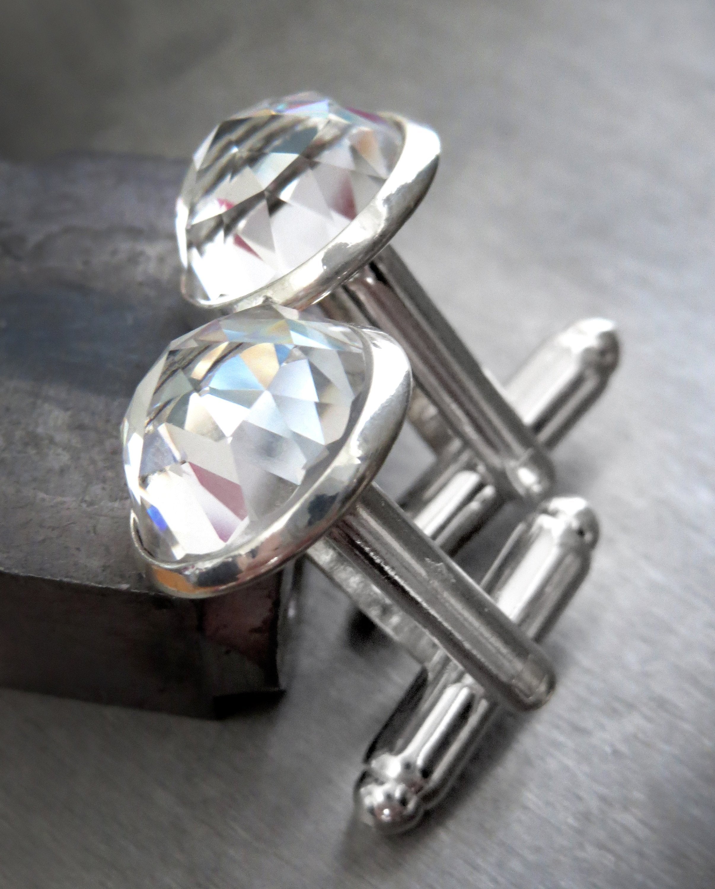 Mens Formal Cuff Links with Clear Swarovski Crystal - Domed Round Silver Plated Wedding Cufflinks for Groom, Groomsmen, Husband, Fathers Day