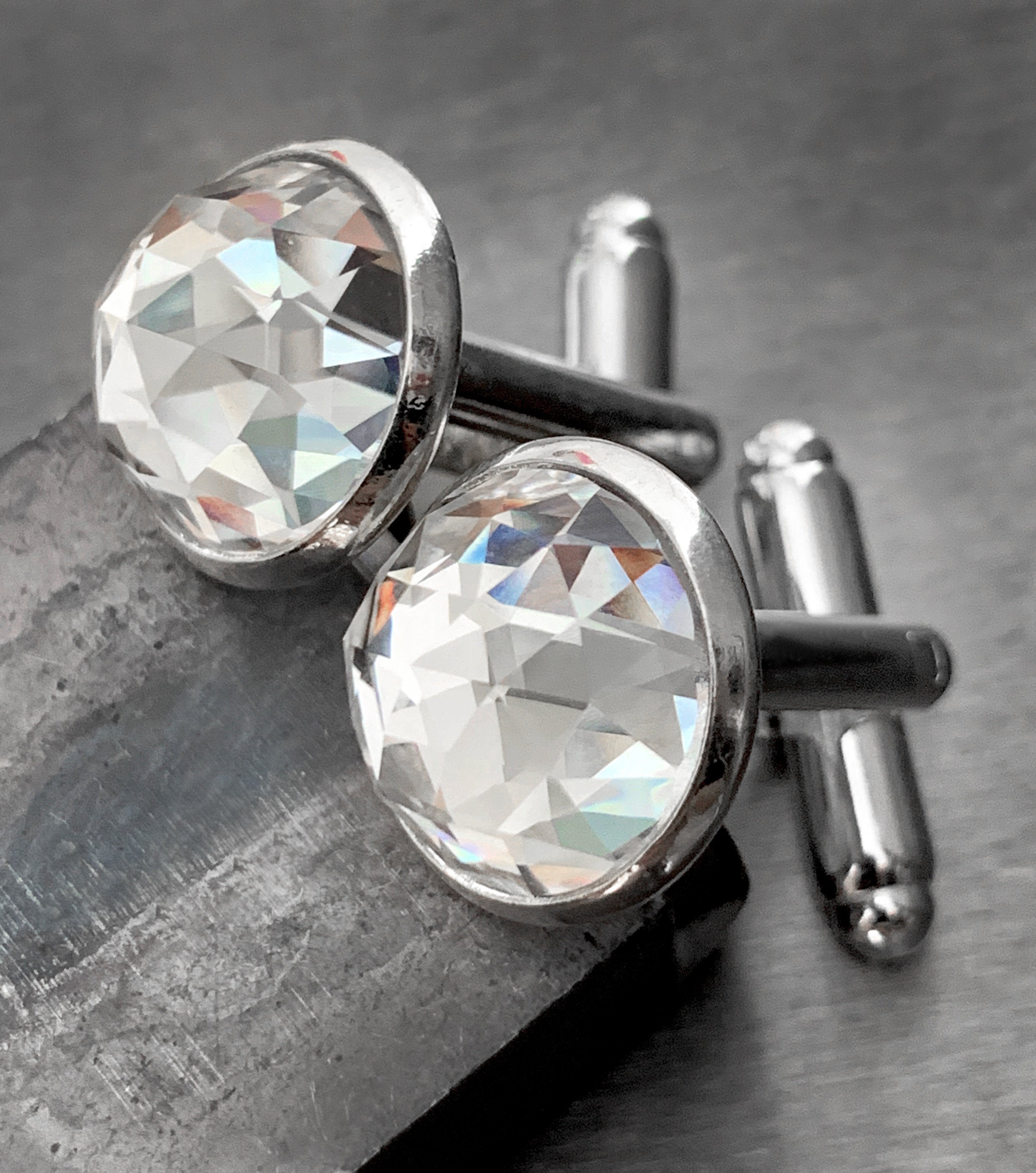 Mens Formal Cuff Links with Clear Swarovski Crystal - Domed Round Silver Plated Wedding Cufflinks for Groom, Groomsmen, Husband, Fathers Day