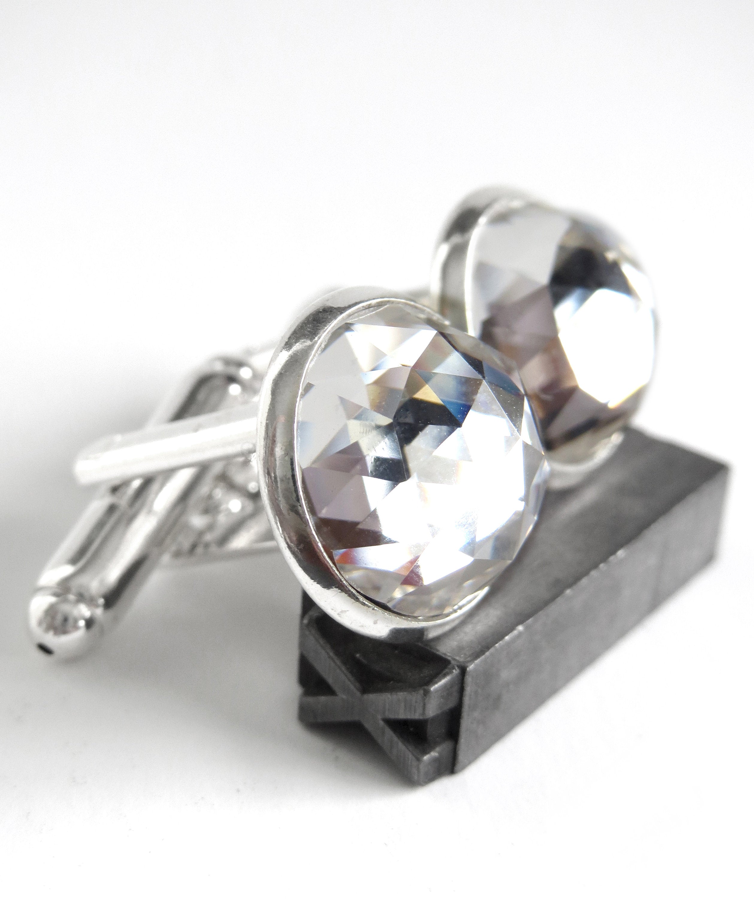 Mens Formal Cuff Links with Clear Swarovski Crystal - Domed Round Silver Plated Wedding Cufflinks for Groom, Groomsmen, Husband, Fathers Day