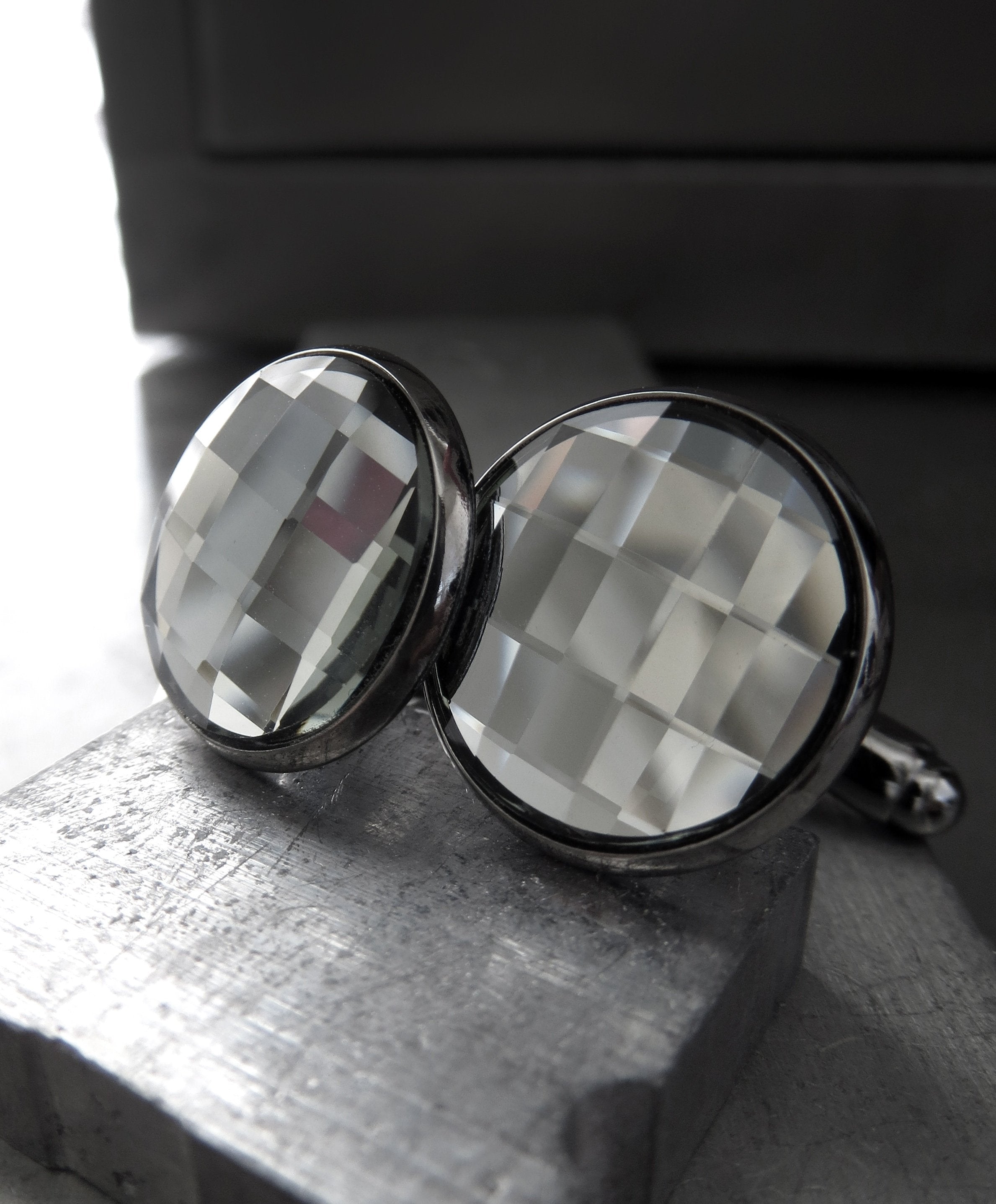 Grey Mirror Cuff Links with Black Diamond Swarovski Crystal - Wedding Cufflinks, Gift for Groom, Groomsmen, Husband, Boyfriend, Fathers Day