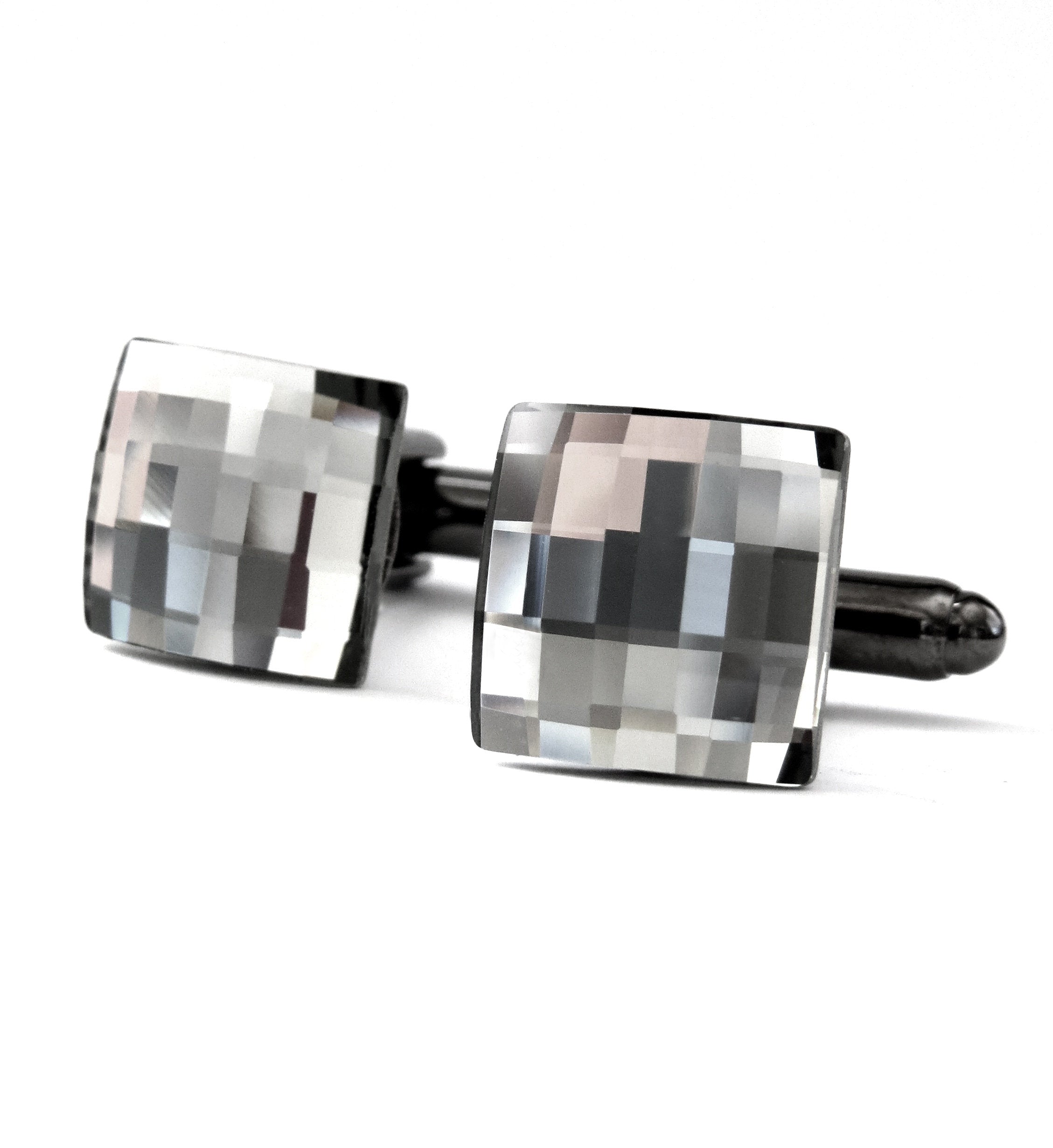 Grey Mirror Cuff Links with Black Diamond Swarovski Crystal - Square Wedding Cufflinks for Groom, Groomsmen, Husband, Boyfriend, Fathers Day