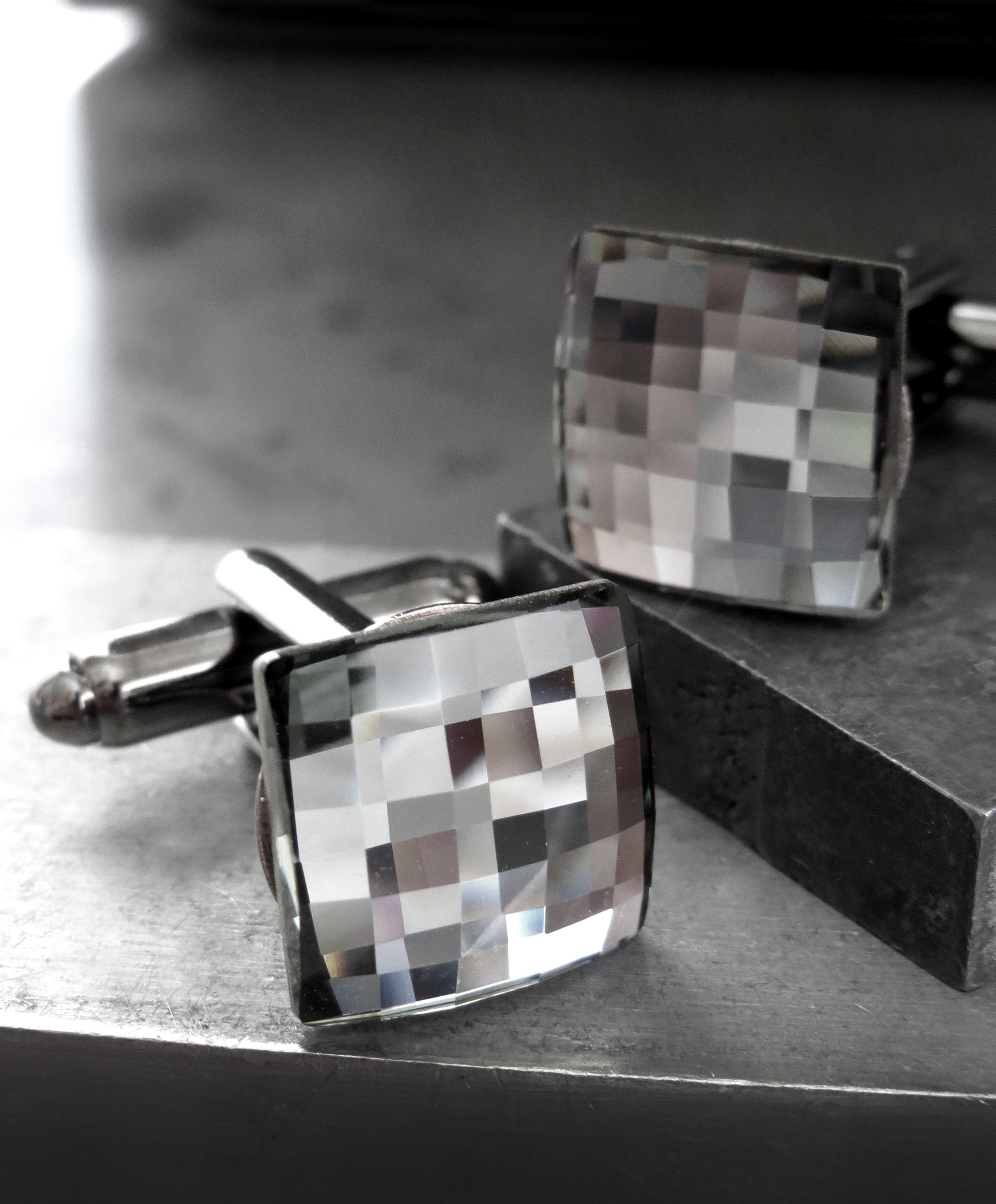 Grey Mirror Cuff Links with Black Diamond Swarovski Crystal - Square Wedding Cufflinks for Groom, Groomsmen, Husband, Boyfriend, Fathers Day