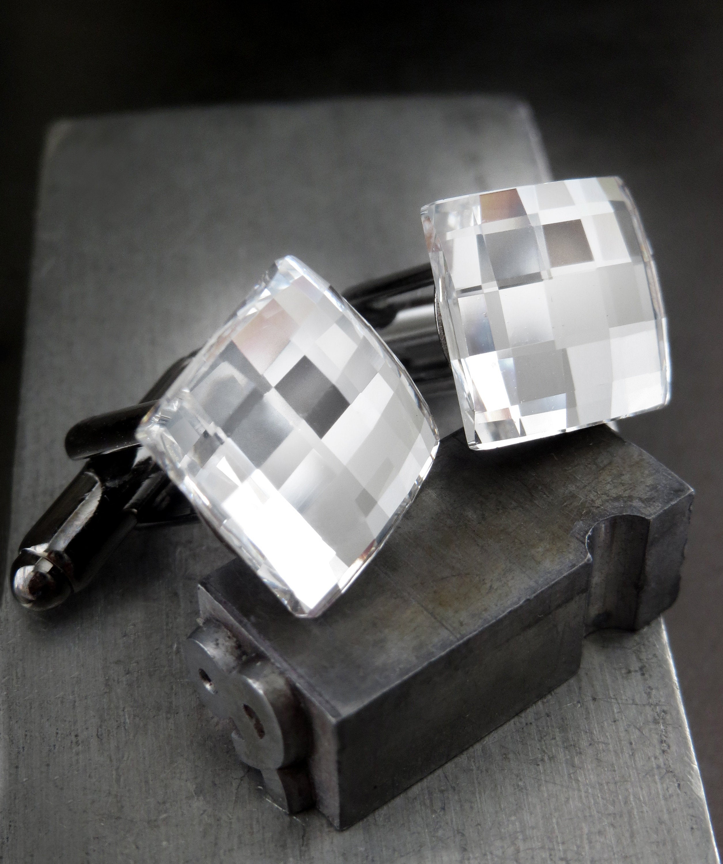 Mirror Cuff Links with Clear Swarovski Crystal - Square Wedding Cufflinks for Groom, Grooms Gift, Groomsmen, Husband, Boyfriend, Fathers Day