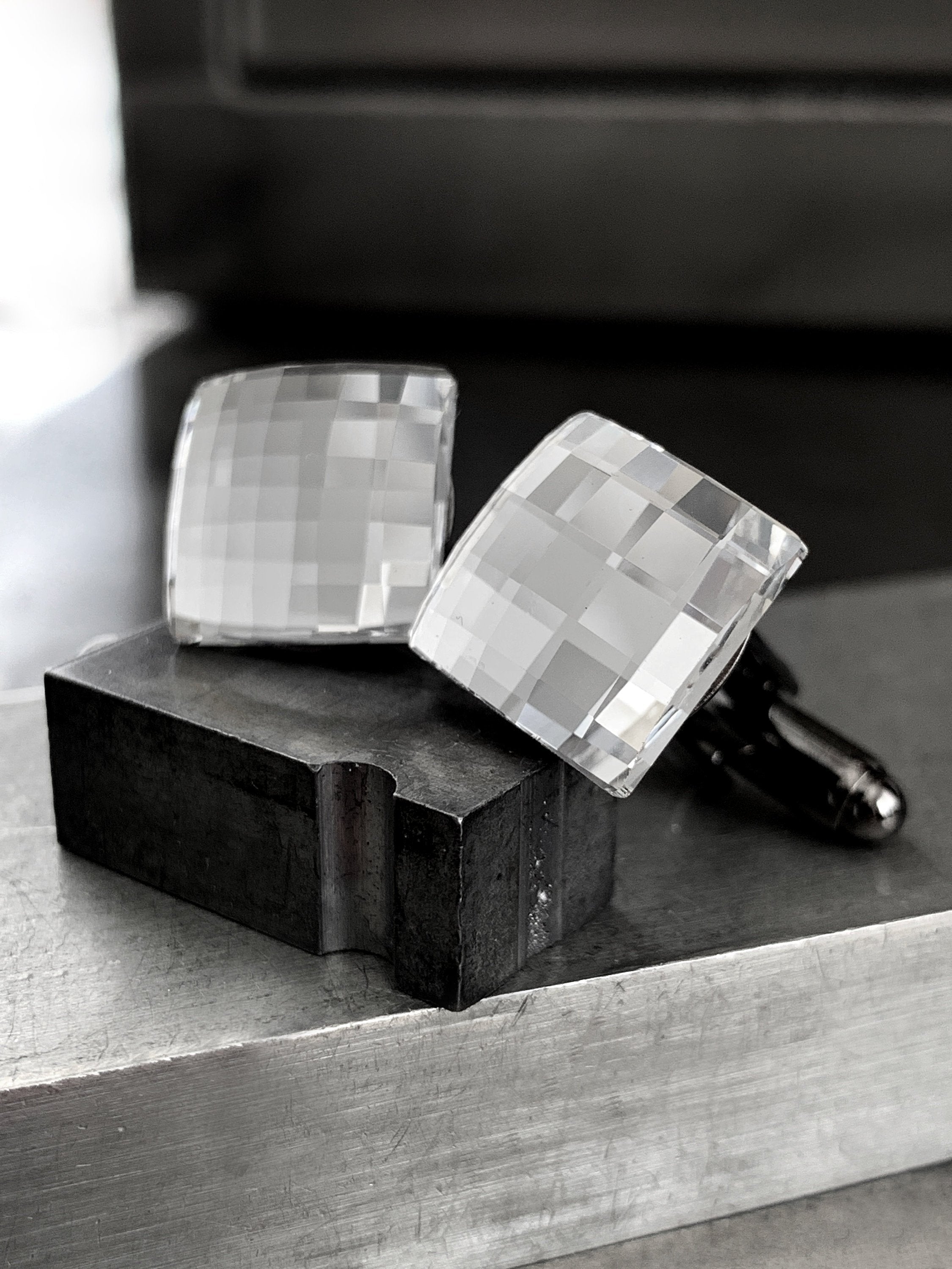 Mirror Cuff Links with Clear Swarovski Crystal - Square Wedding Cufflinks for Groom, Grooms Gift, Groomsmen, Husband, Boyfriend, Fathers Day