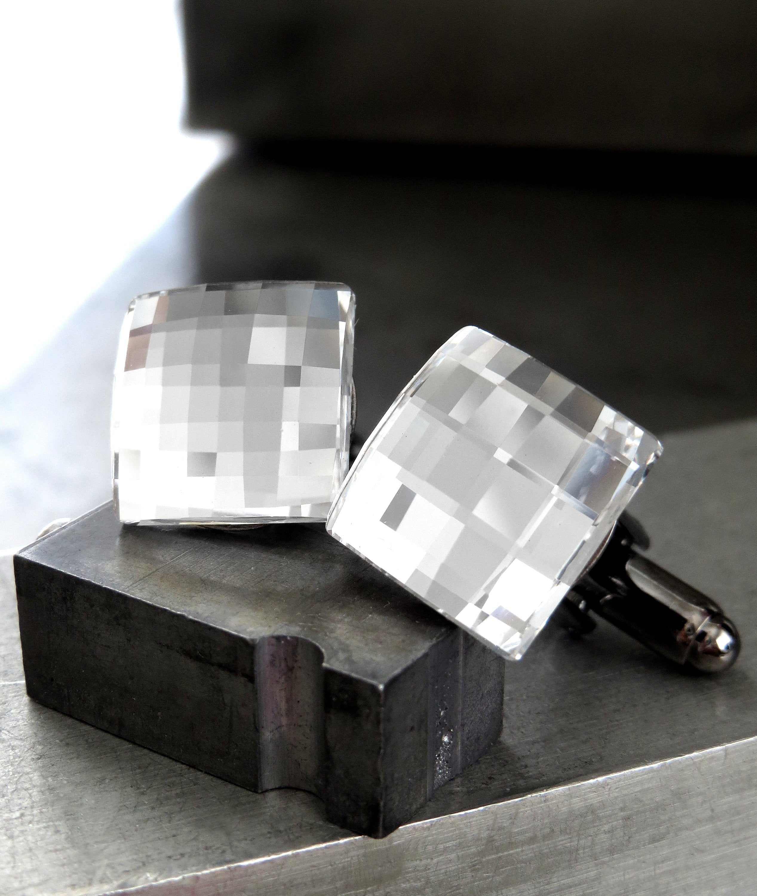 Mirror Cuff Links with Clear Swarovski Crystal - Square Wedding Cufflinks for Groom, Grooms Gift, Groomsmen, Husband, Boyfriend, Fathers Day