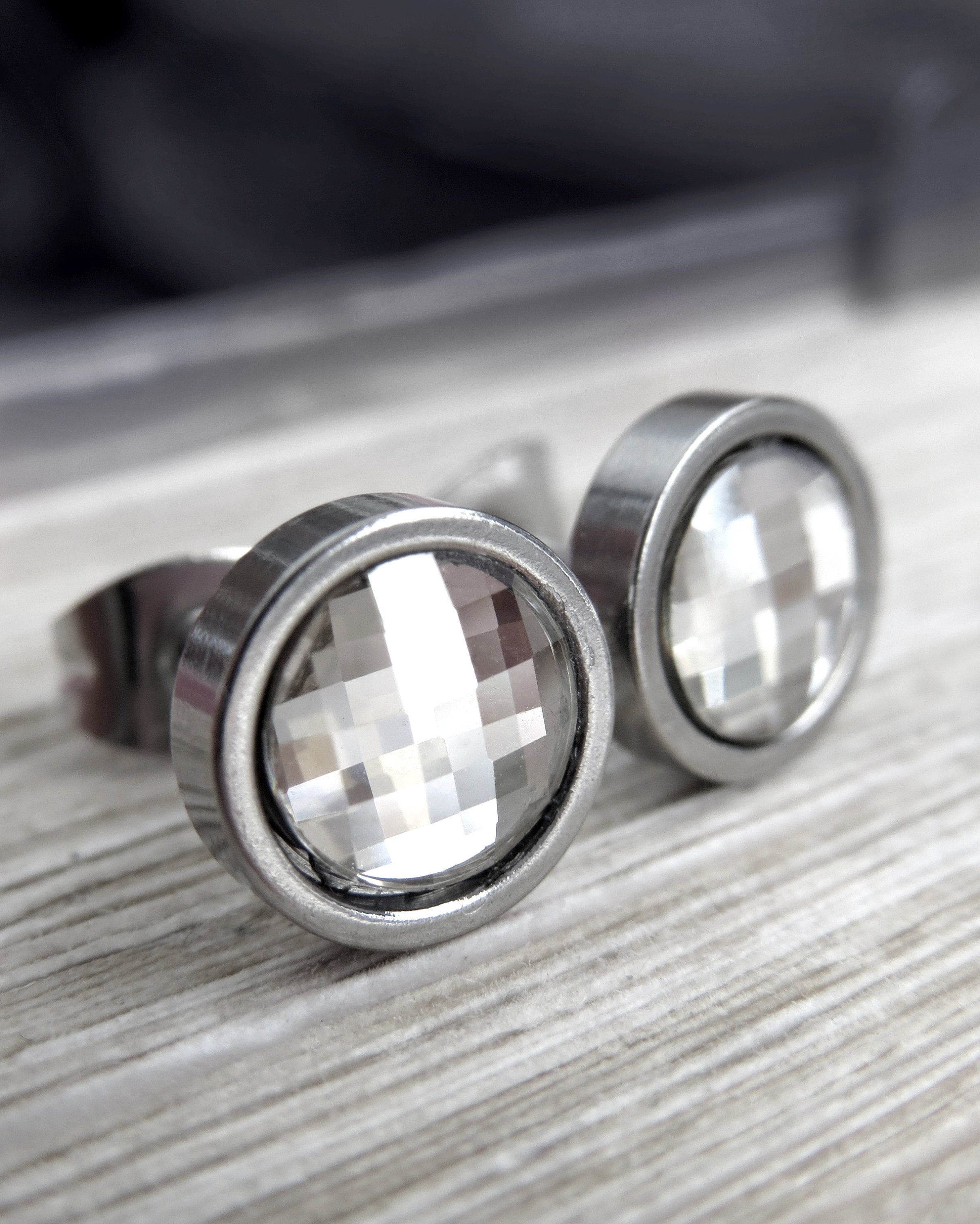 MOSAIC - Mirror Crystal Studs, Small Unisex Post Earrings with Silver Clear Swarovski Crystal - Modern Minimal Womens Mens Silver Jewelry