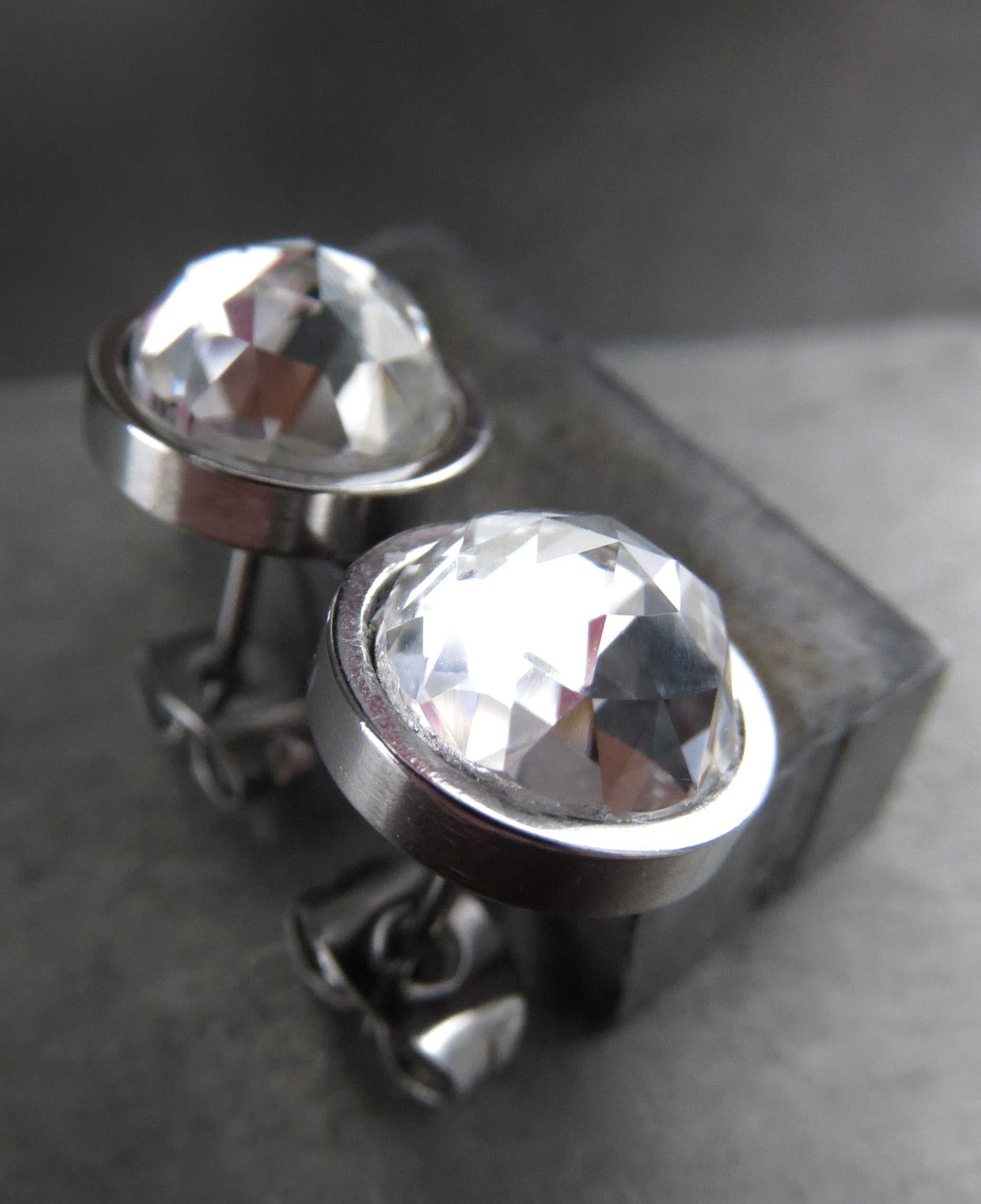 Modern Silver Stud Earrings with Clear Faceted Swarovski Crystal, Large Round Stainless Steel Post Earrings, Unisex Women Mens Post Earrings