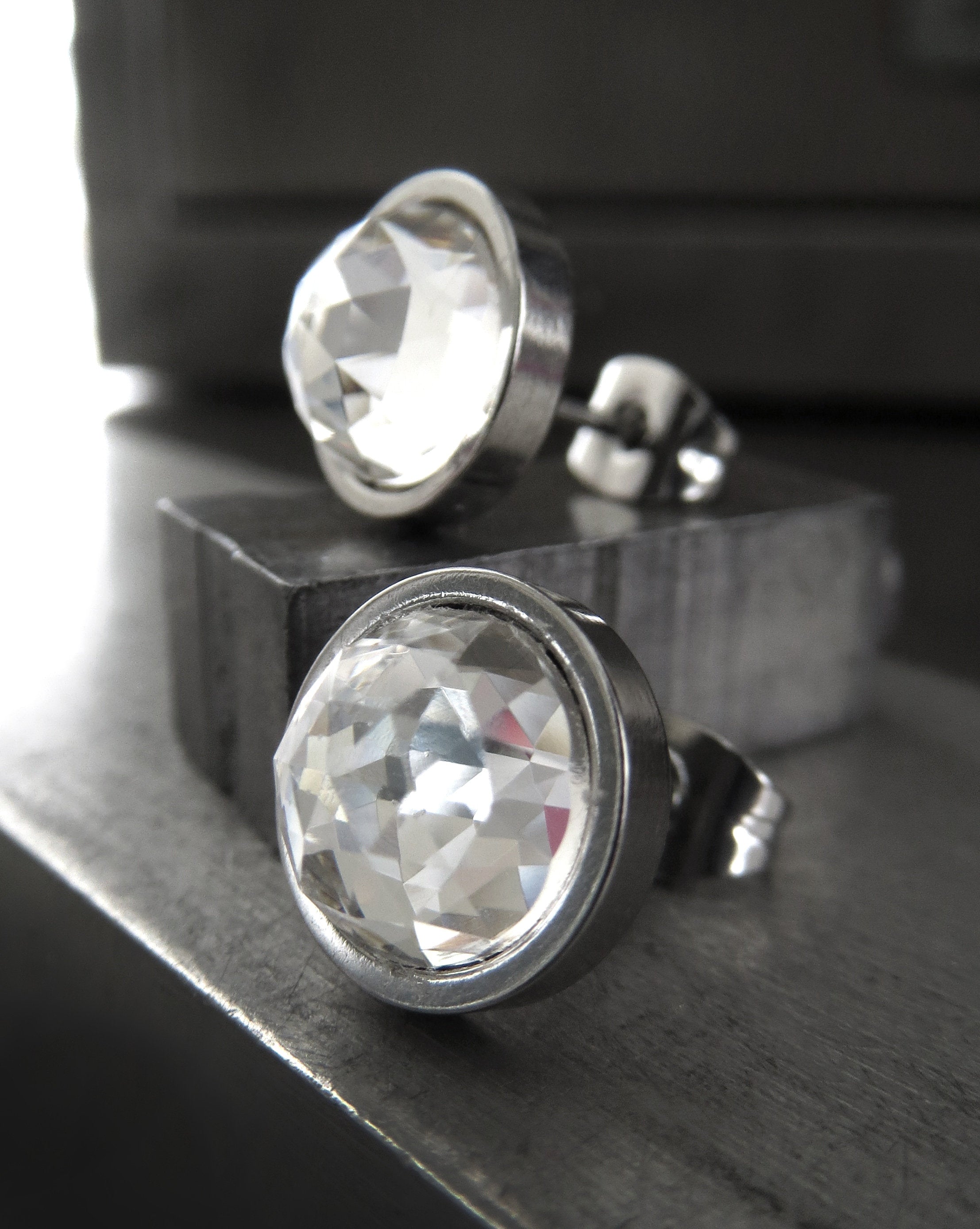 Modern Silver Stud Earrings with Clear Faceted Swarovski Crystal, Large Round Stainless Steel Post Earrings, Unisex Women Mens Post Earrings