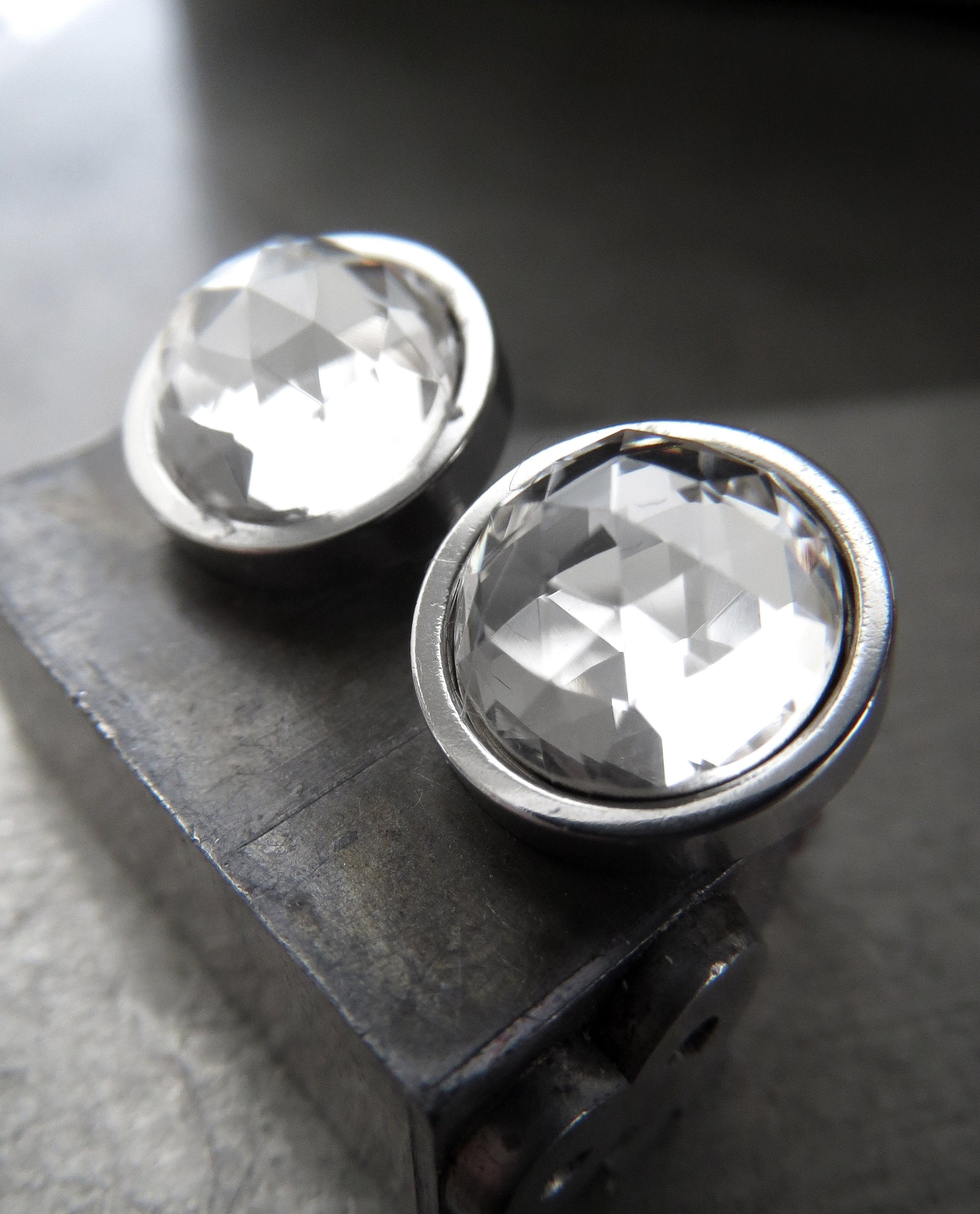 Modern Silver Stud Earrings with Clear Faceted Swarovski Crystal, Large Round Stainless Steel Post Earrings, Unisex Women Mens Post Earrings