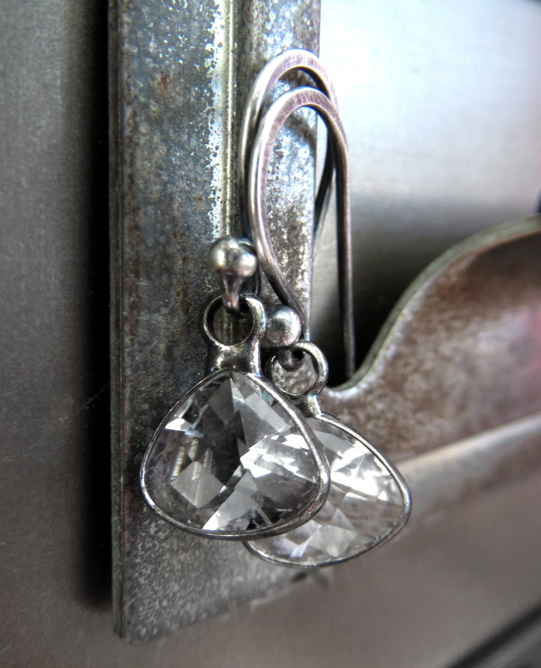 DEMURE - Tiny Clear Glass Faceted Teardrop Earrings with Darkened Silver Bezel Wrap, Small Minimalist Jewelry, Vintage Style Wedding Jewelry