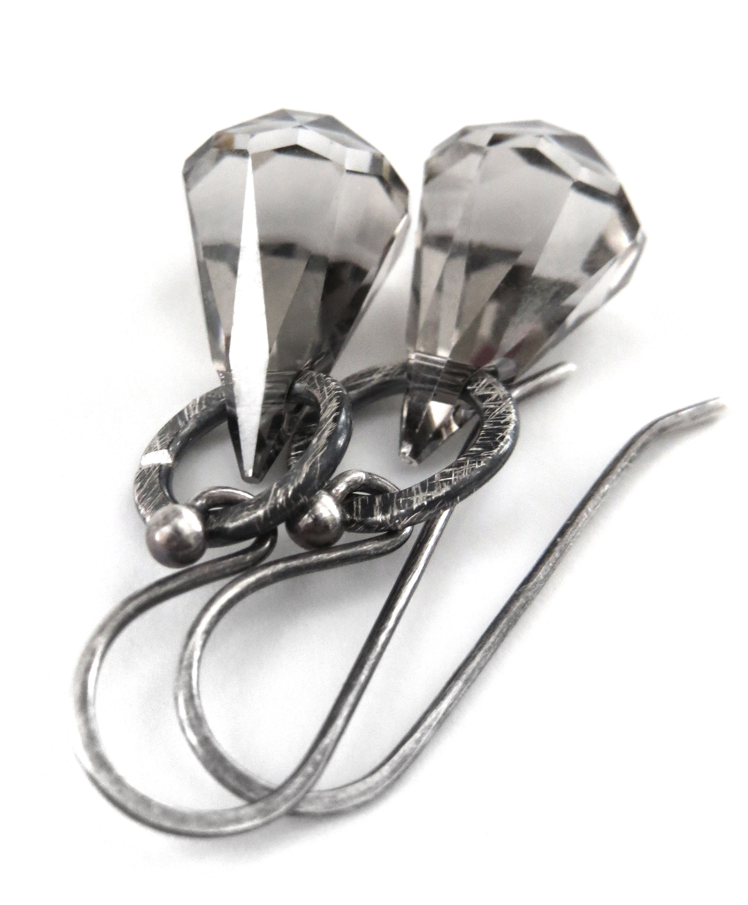 STRIKE - Small Earrings with Sheer Grey Swarovski Crystals, Oxidized Sterling Silver - Geometric Minimalist Modern Sterling Silver Jewelry