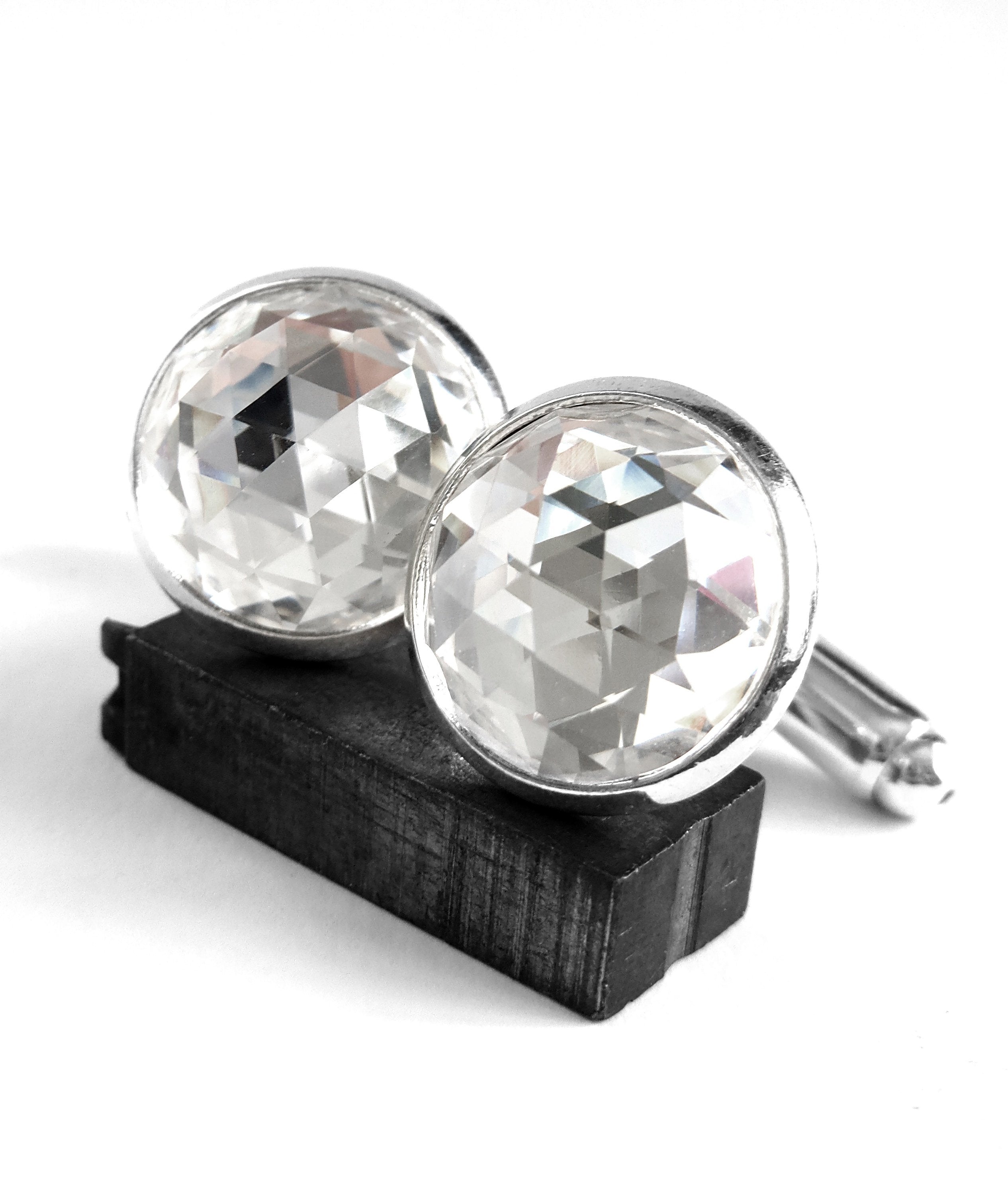 Mens Formal Cuff Links with Clear Swarovski Crystal - Domed Round Silver Plated Wedding Cufflinks for Groom, Groomsmen, Husband, Fathers Day