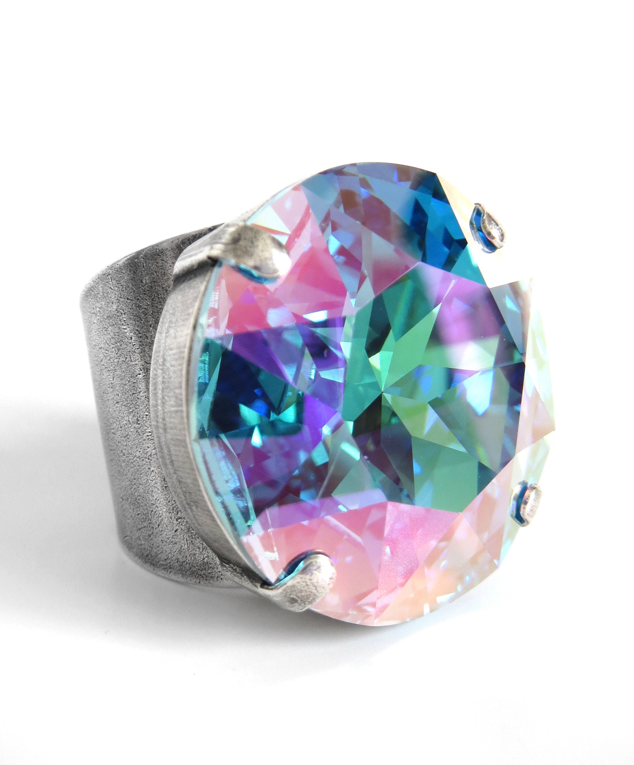 ENCORE: Huge Round Aqua Swarovski Crystal Cocktail Ring, Shimmer Sparkle Iridescent Pastel Large Crystal Adjustable Ring, Drag Queen Jewelry