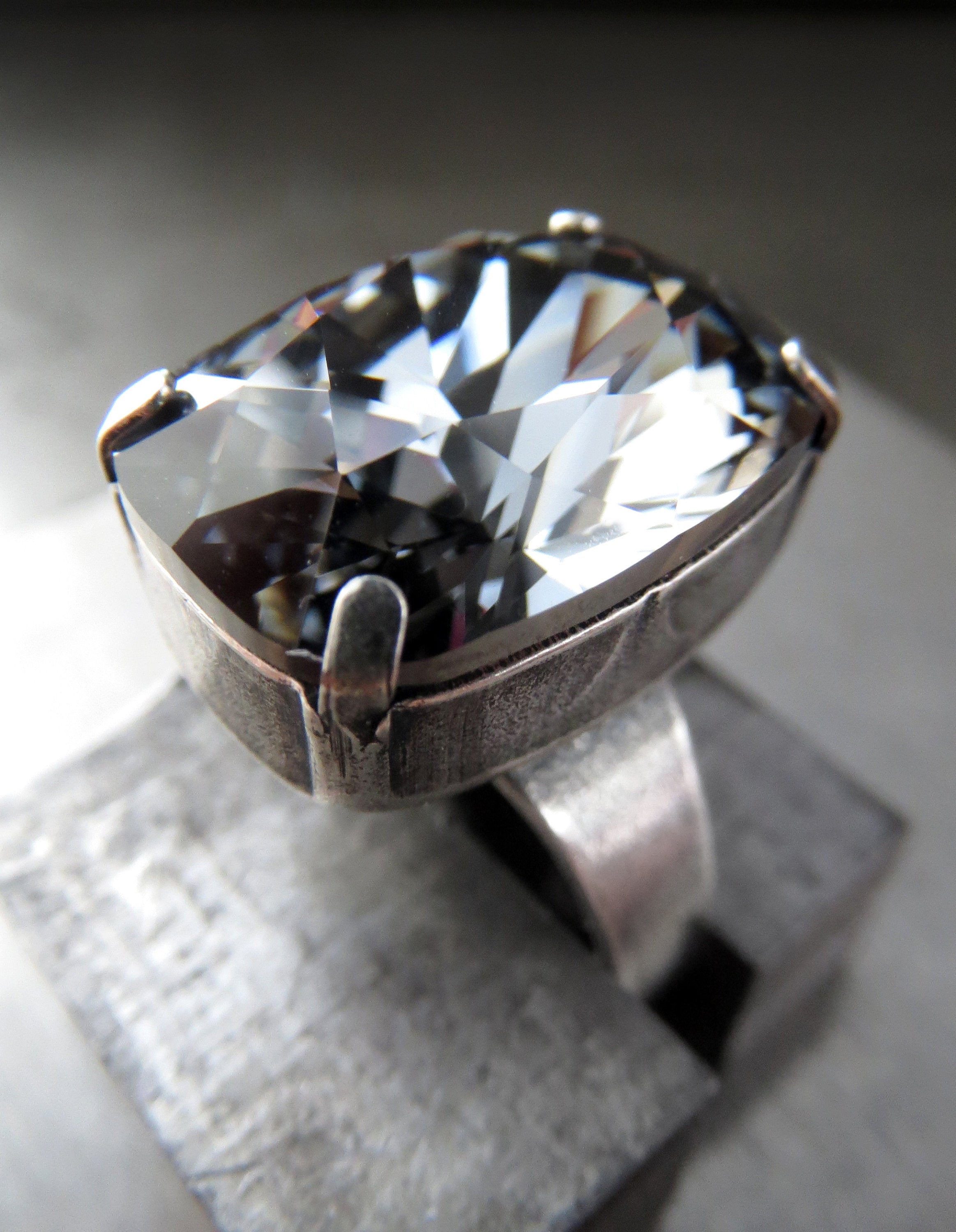 ELEGANCE - Crystal Cocktail Ring in Midnight Black - Rectangular Swarovski Crystal, Antiqued Silver Adjustable Ring Band