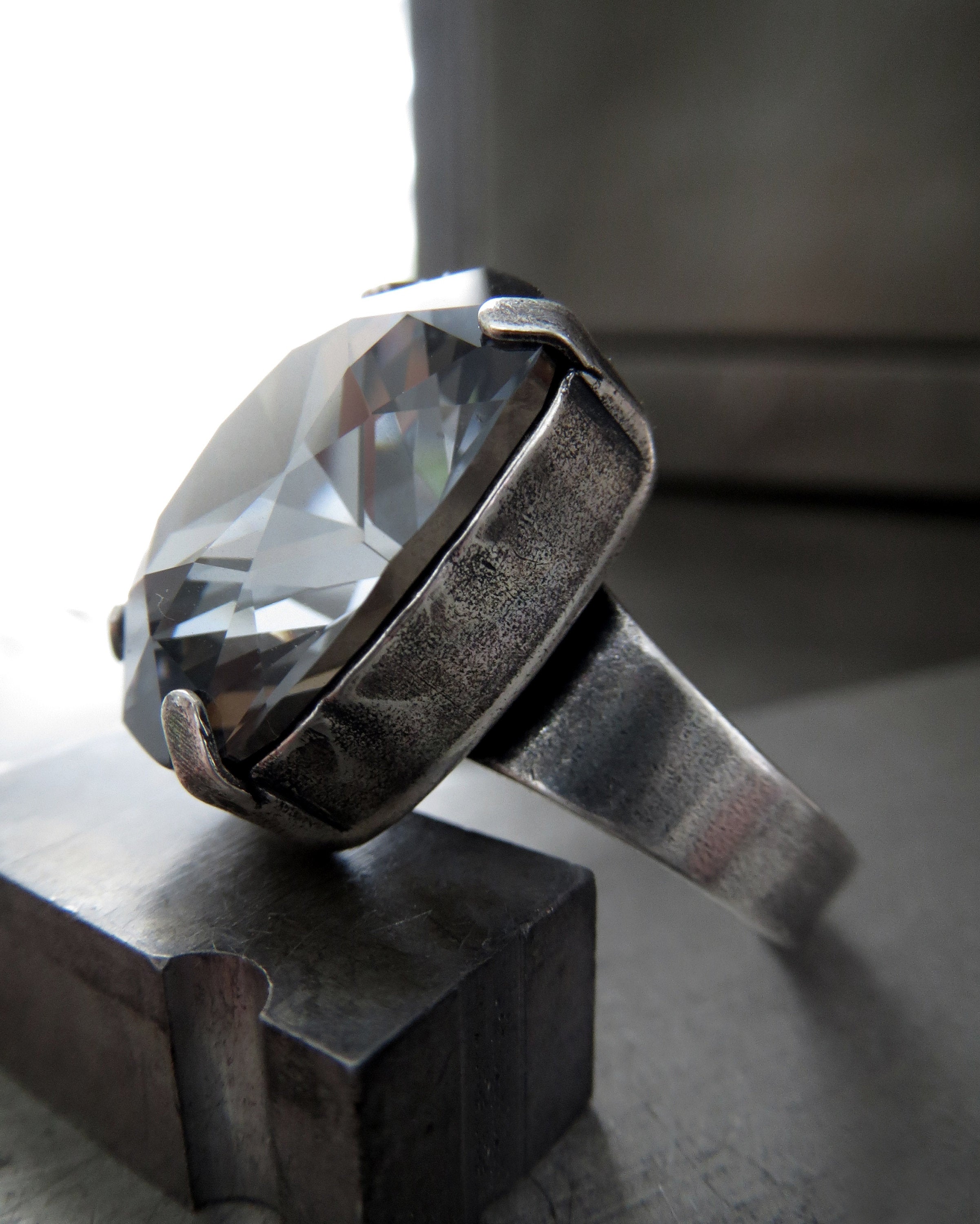 ELEGANCE - Crystal Cocktail Ring in Midnight Black - Rectangular Swarovski Crystal, Antiqued Silver Adjustable Ring Band