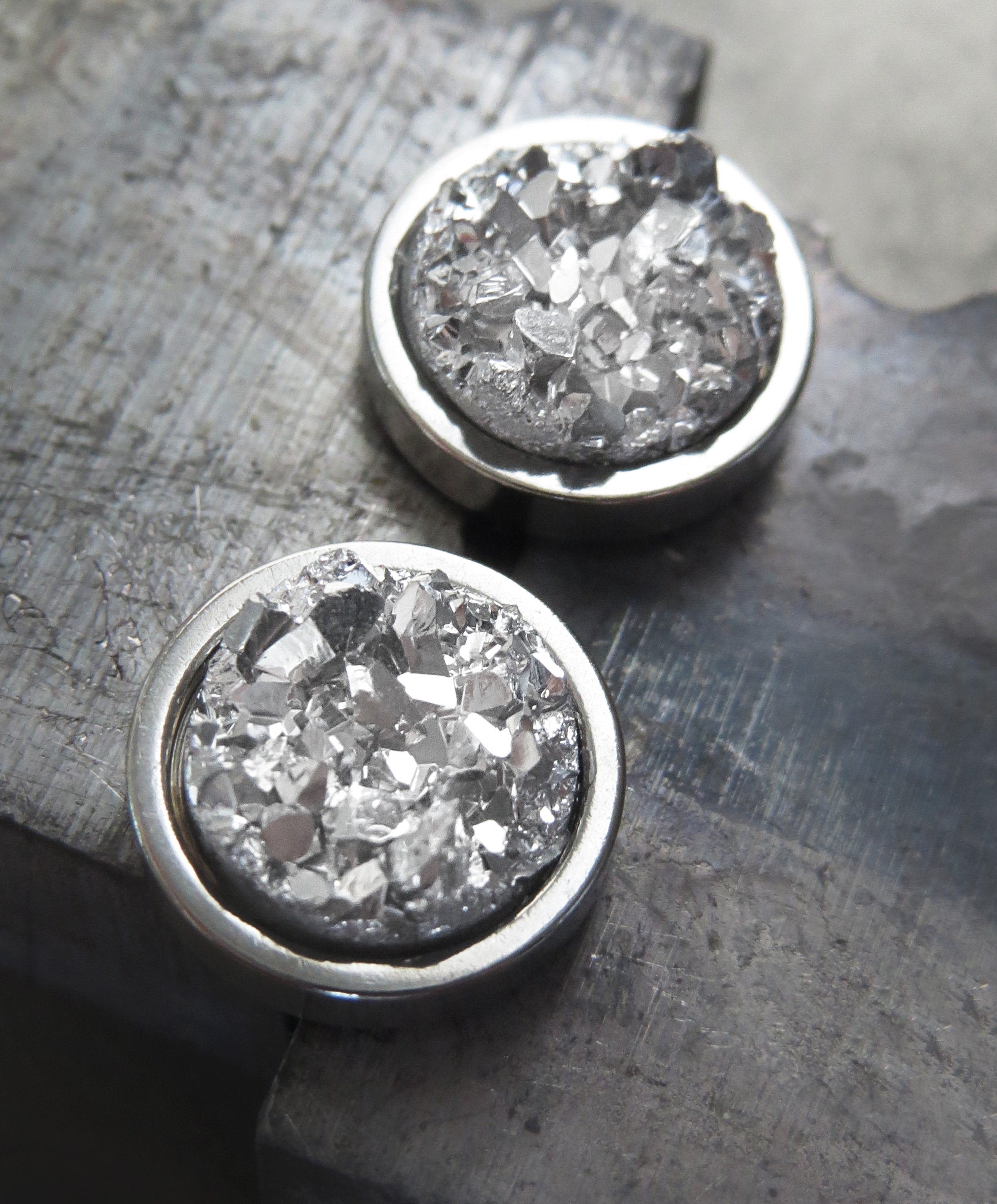 OVER THE MOON - Metallic Silver Stud Earrings with Simulated Druzy Stone in Silver Color Resin - Modern Large Unisex Mens Post Earrings
