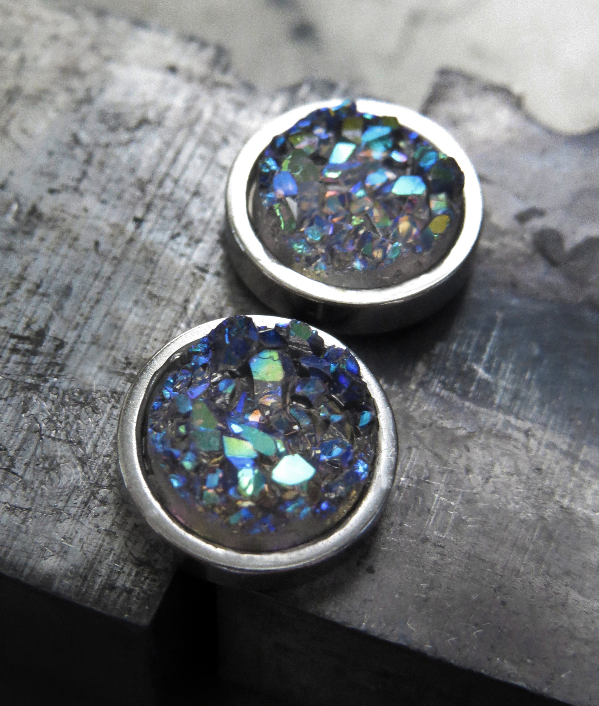 COLD AS ICE - Shimmer Blue Green Iridescent Stud Earrings with Grey Simulated Druzy - Unisex Womens Mens Large Stud Earrings, Modern Jewelry