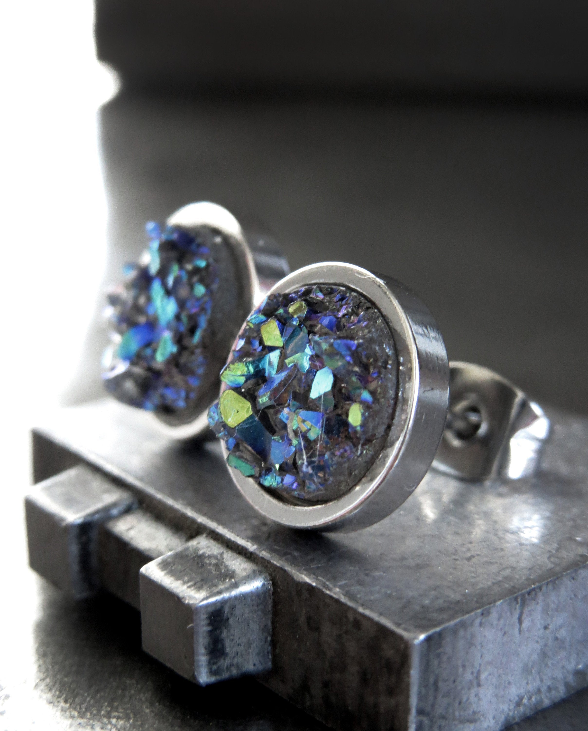 COLD AS ICE - Shimmer Blue Green Iridescent Stud Earrings with Grey Simulated Druzy - Unisex Womens Mens Large Stud Earrings, Modern Jewelry